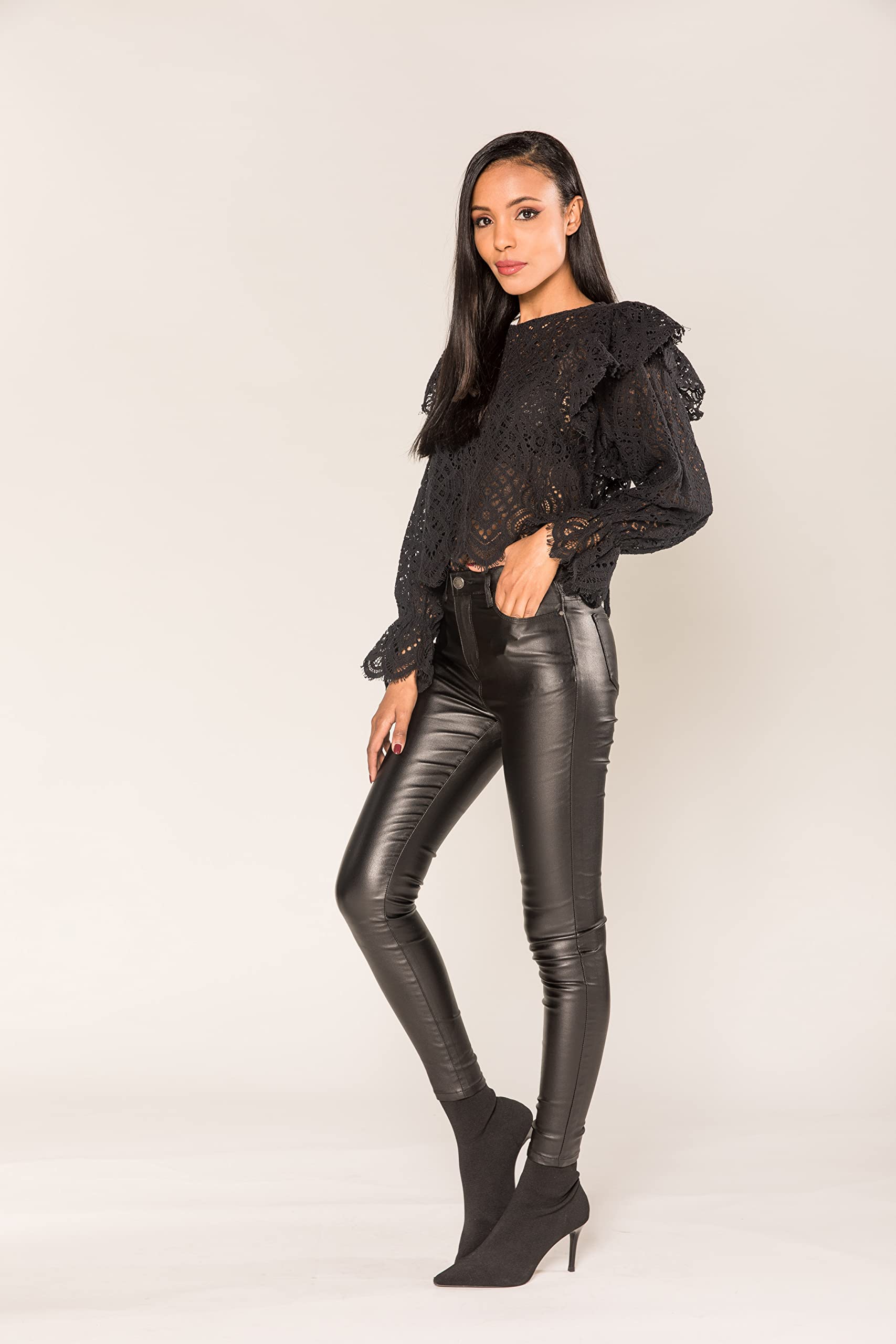 Nina Carter S513 Jean stretch pour femme Coupe skinny Effet mouillé Taille haute Aspect cuir Longueur cheville 5 poches