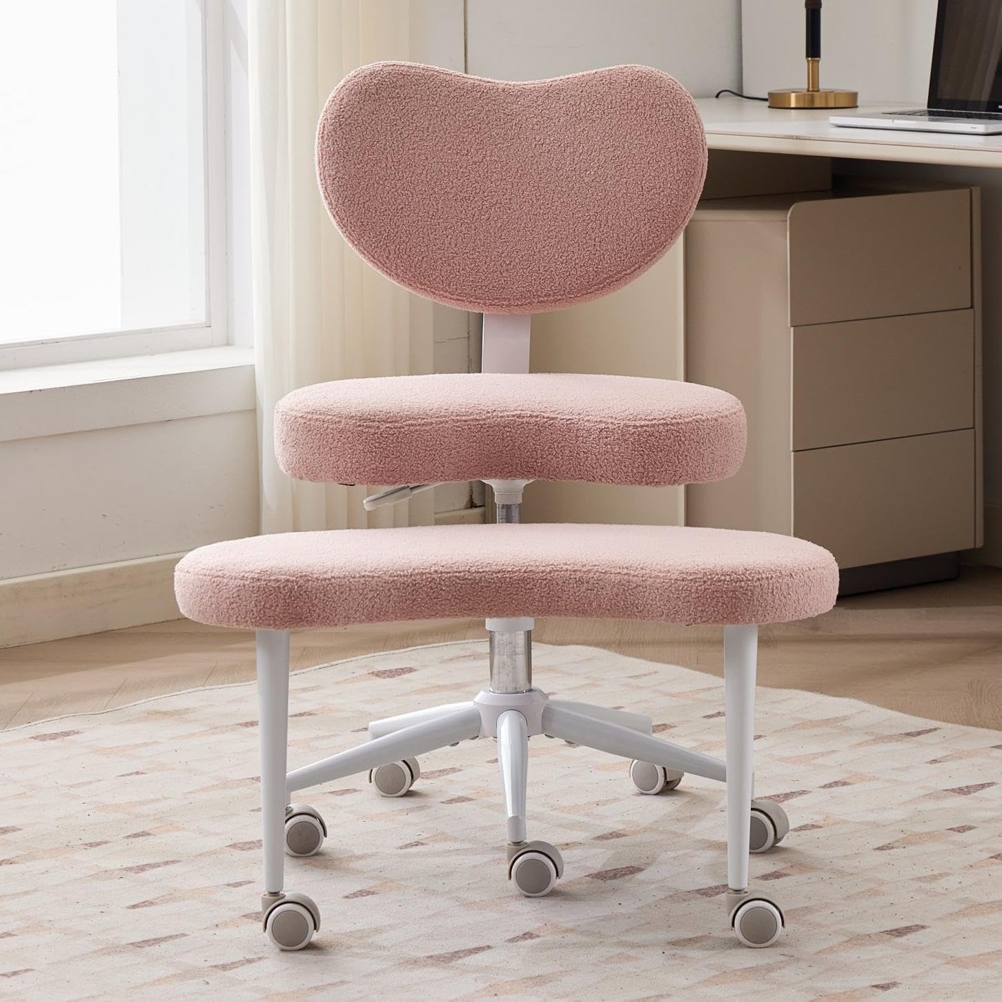 Ergonomic Kneeling Chair with Backrest, Pink Plush Fabric, Rolling Wheels, Adjustable Height, Office Posture Stool,Cross Legged Home Desk Office Chairs for Meditation,Yoga