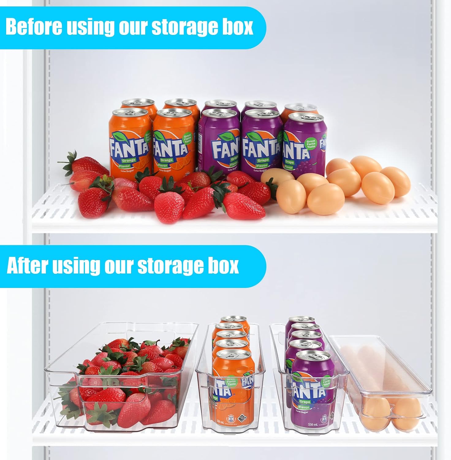 Refrigerator Organizer Bins, ESARORA 8 PACK Clear Fridge Bins with Handles(4 Wide, 3Narrow & 1 Egg Holder) For Fridge, Freezer, Kitchen Cabinet, Pantry Organization, BPA Free Freezer Organizer Bins
