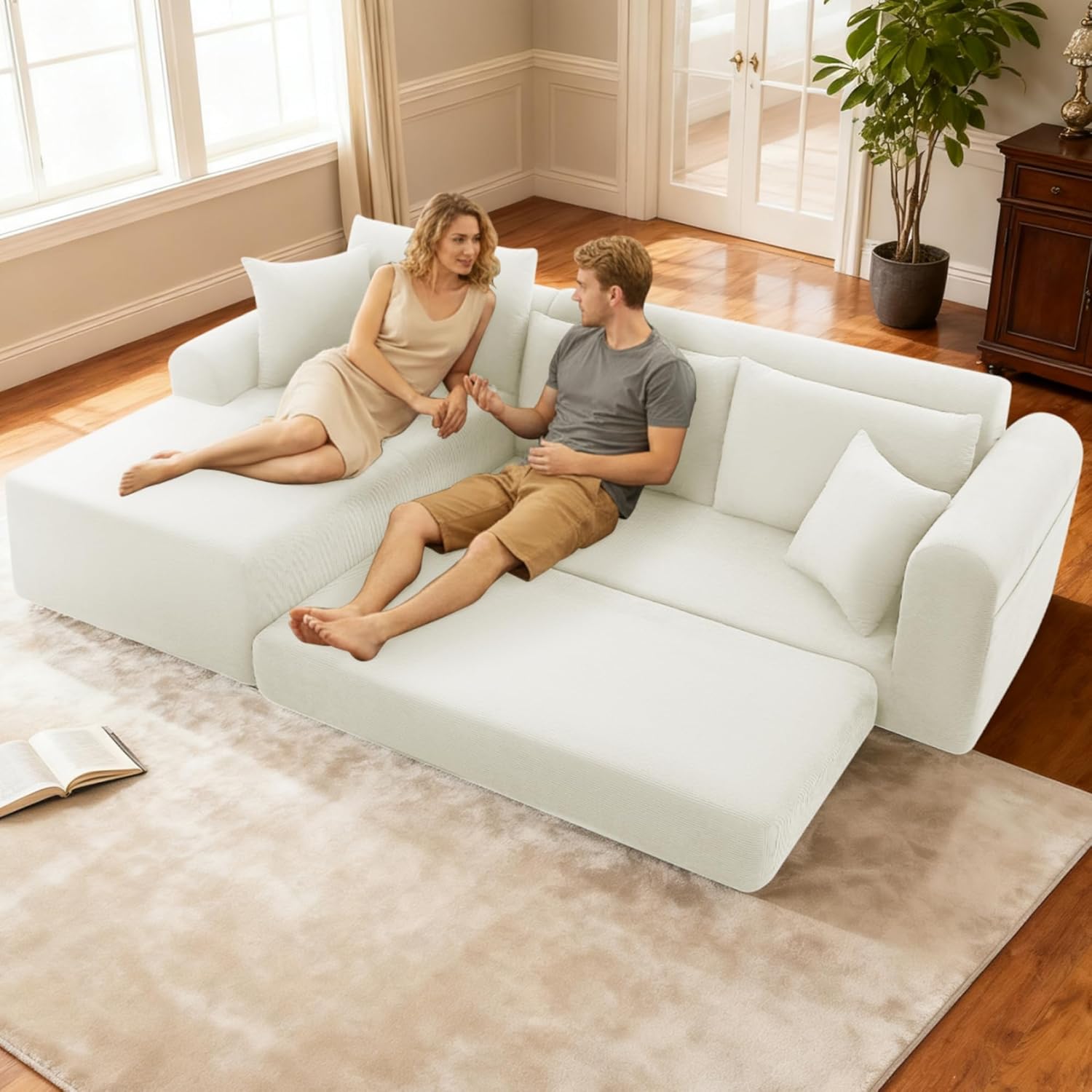 103 inch Cloud Sectional Couch, Modular Sectional Sofa with Deep Seat,Folding L-Shape Sofa Bed,Corduroy Boneless Couch Bed for Living Room,No Assembly Required,(Beige,Left Facing Chaise)