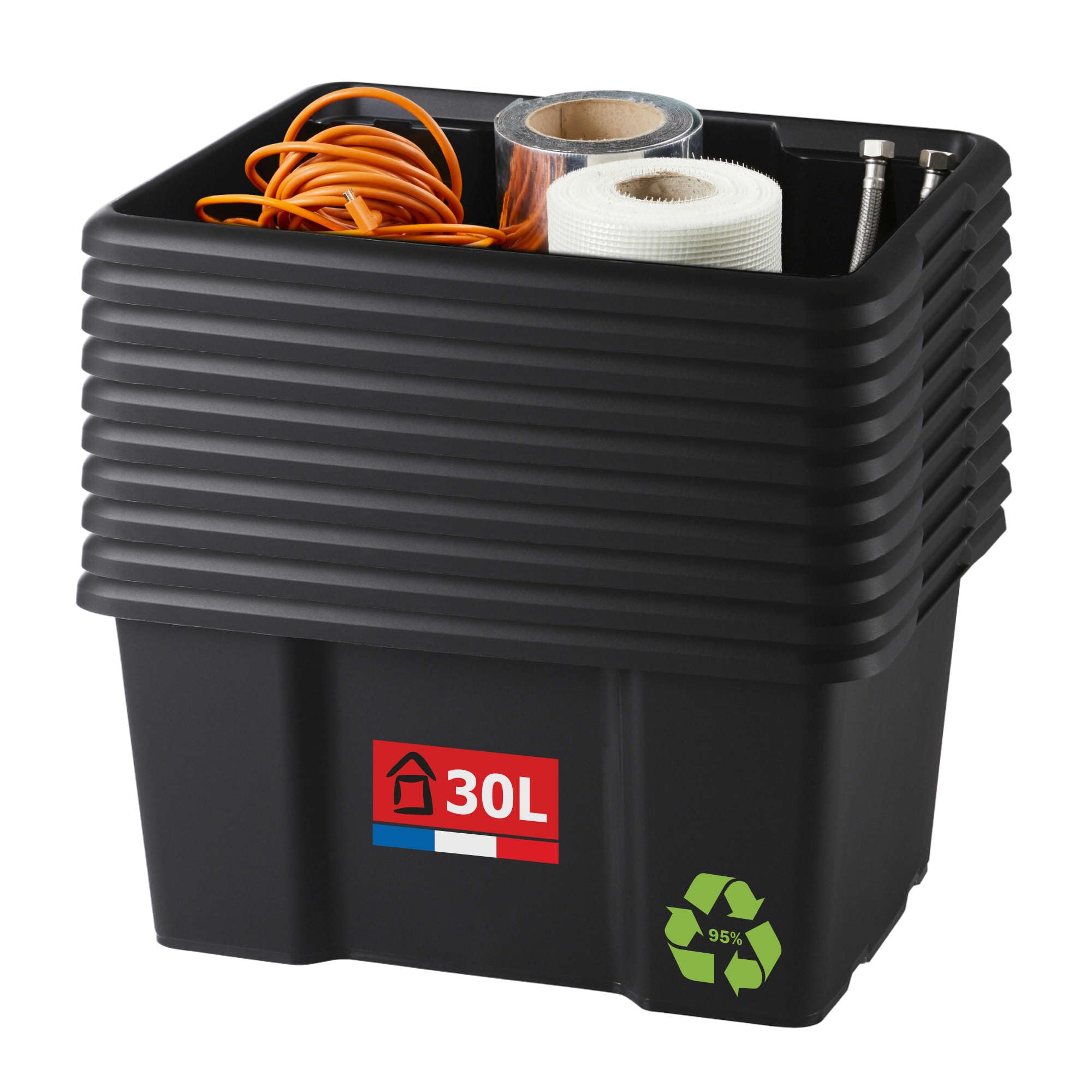 SUNDIS Bac de rangement plastique 30L, x10, noir, L.46,5xl.36,5x H23cm | Empilable et superposable, multiusage, idéal pour l'atelier, le transport, le garage, le bricolage, le jardinage
