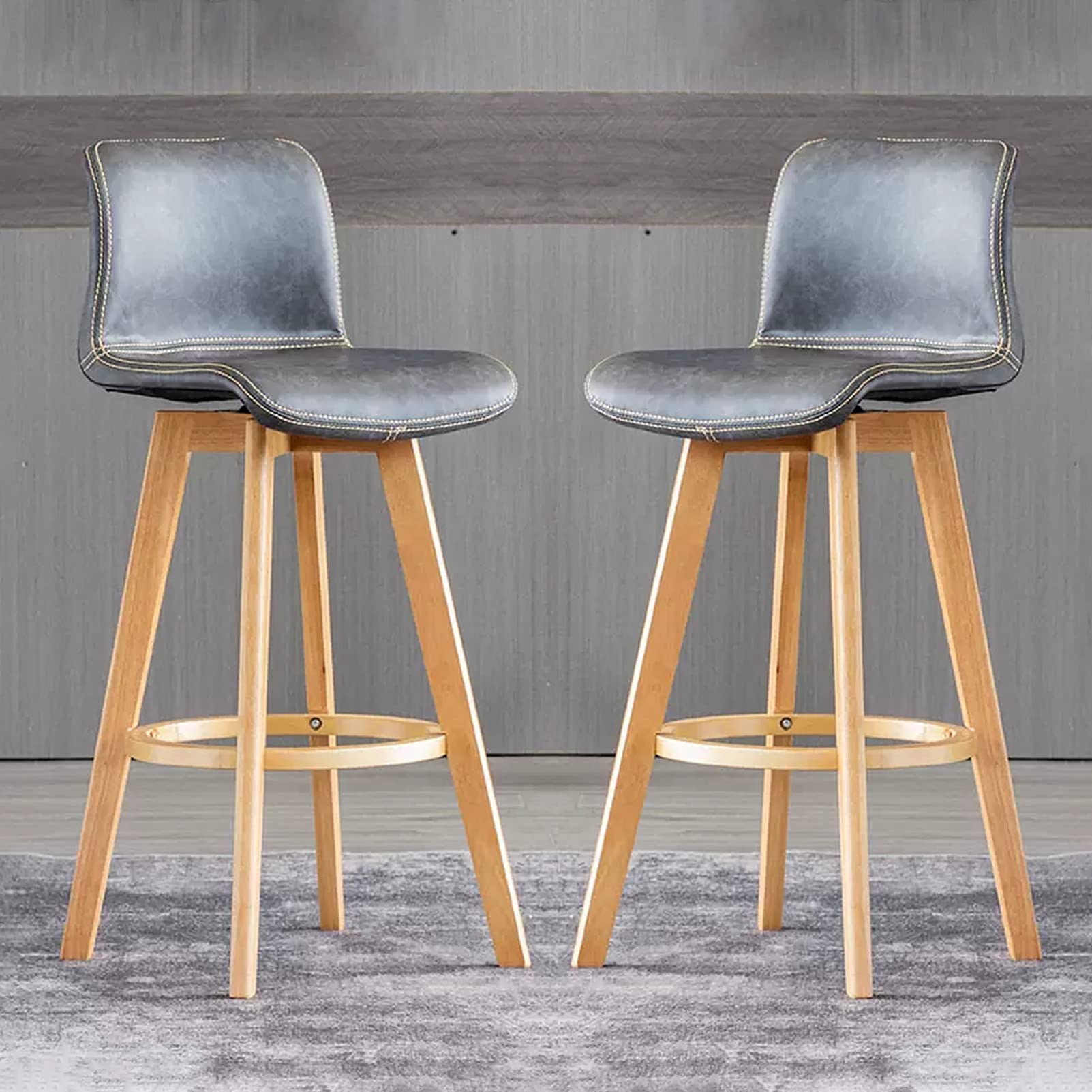 IUokLU Modern Faux Leather Bar Stool Adjustable Swivel Counter Height Bar Stool with Wooden Legs Stylish Bar Stools for Kitchen Island & Breakfast Bar Dining Room Furniture Khaki(Grey-High:61CM)