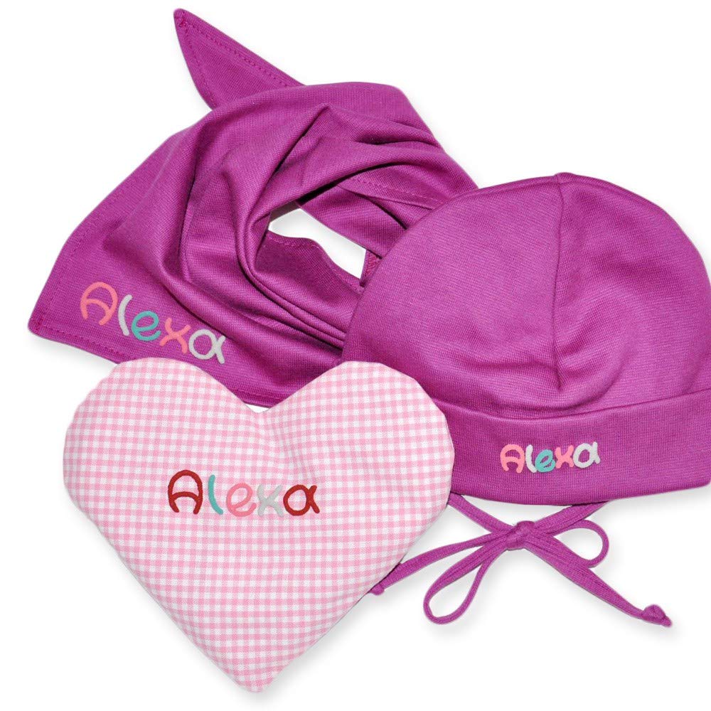 Geschenkeset mit Herz, Geschenkeset Baby, Taufgeschenk, Geschenk zur Geburt, Babygeschenk, Personalisiertes Geschenk, Farbe:brombeer