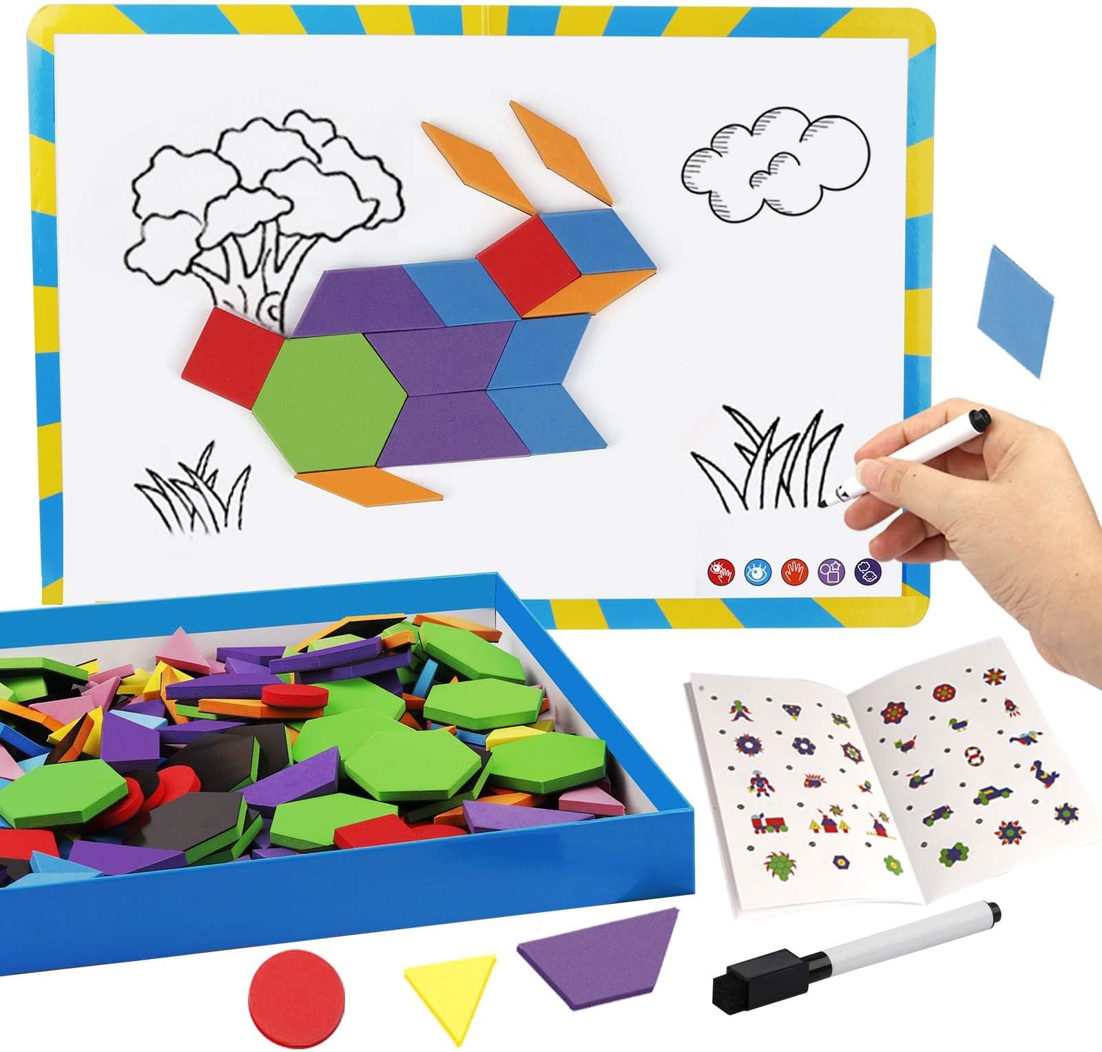 Vanmor 216PCS Magnetic Pattern Blocks Set Complete with 298 Pattern Book Magnet Board Magnetic Shapes for Kids Educational Montessori Tangram Toy for Children Aged 3 8 Portable Travel Game