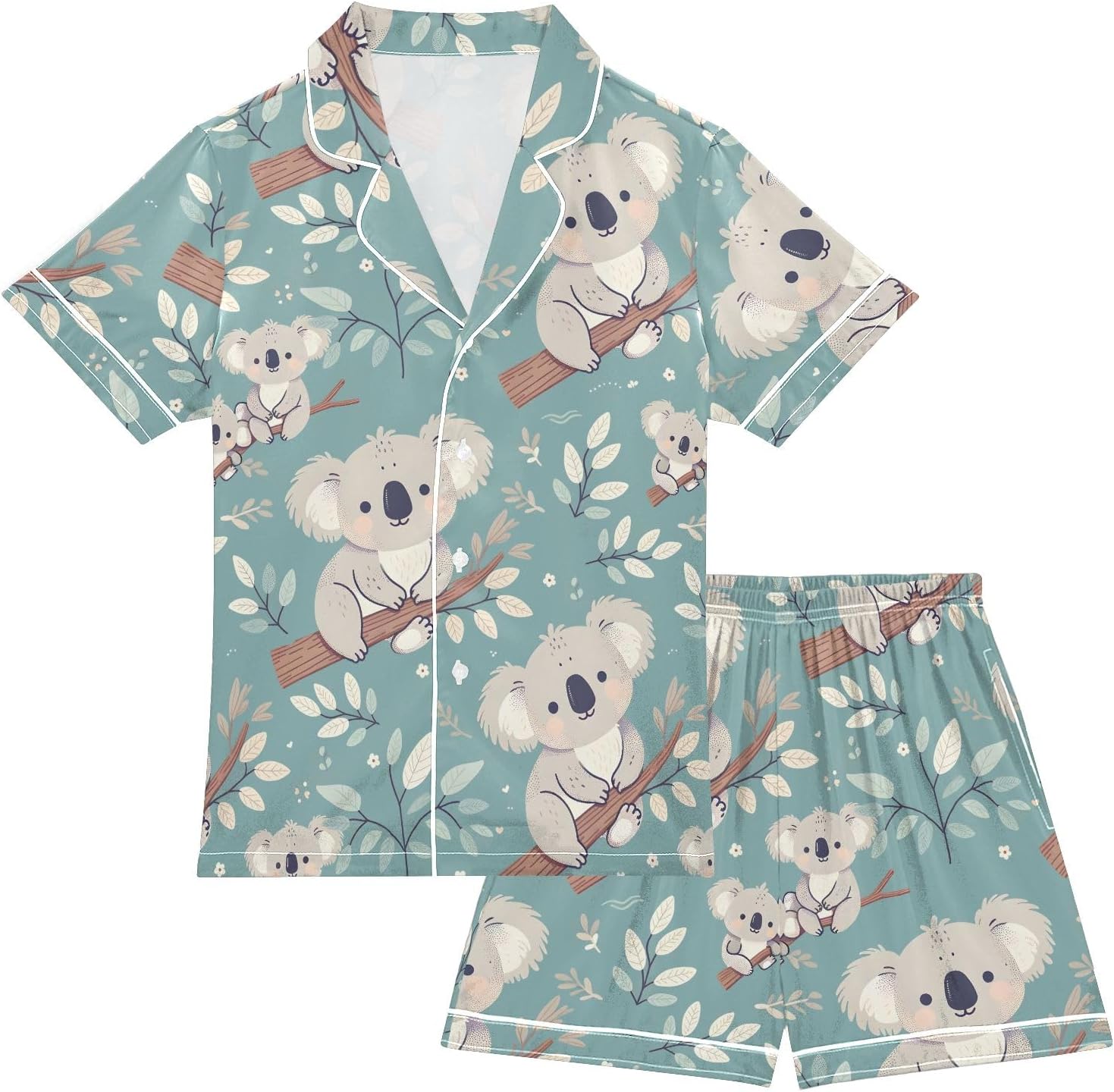Kids Casual Satin Wear Set Cute Koala Bear in Branches Unisex Short Sleeve Clothing for Relaxing