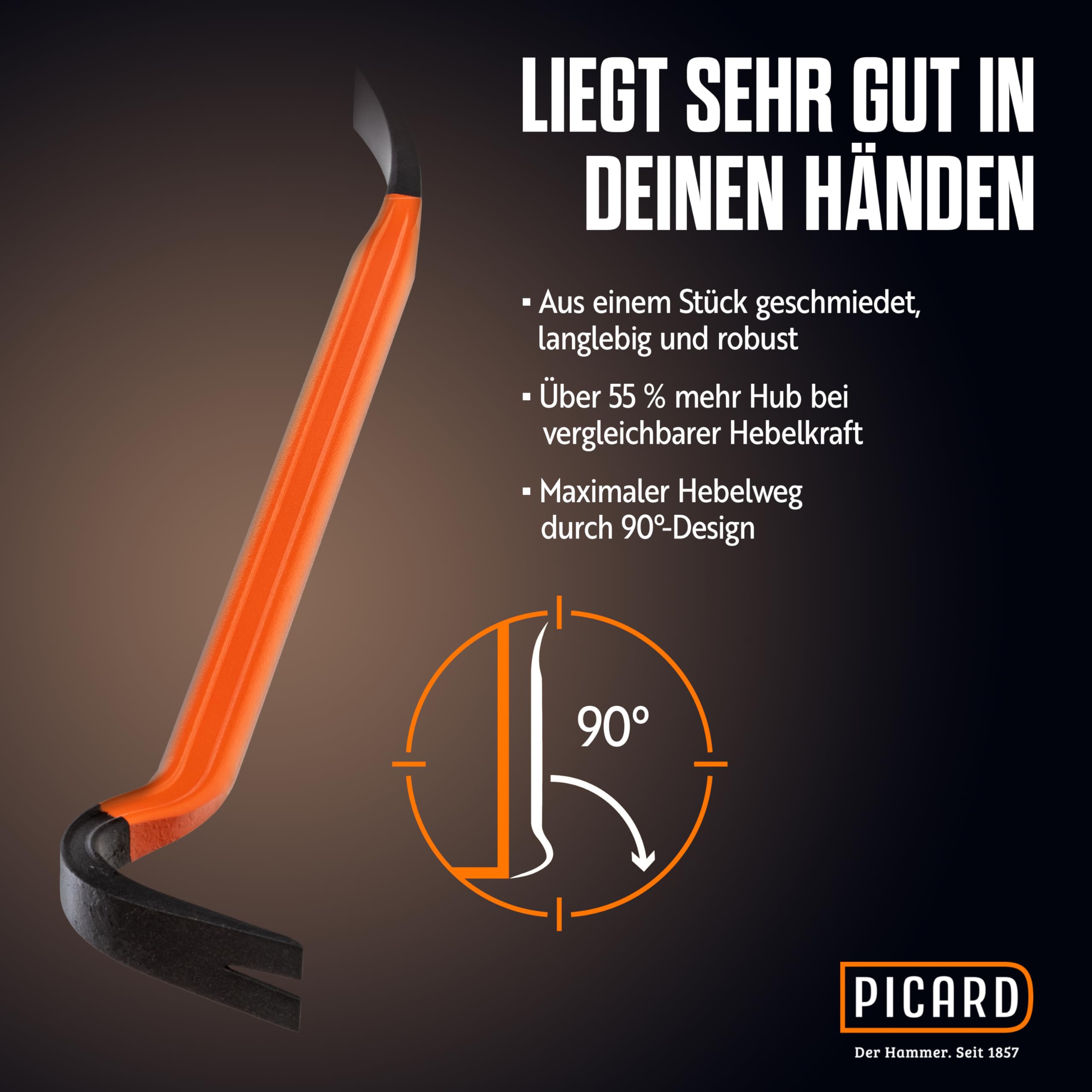 PICARD BlackGiant® Bar Nageleisen Nr. 46Z 3,6kg | 930mm Länge | 90° Hebelkraft Design | Rutschfest | Für Dachdecker Maurer Schlosser | Biegefest & Langlebig