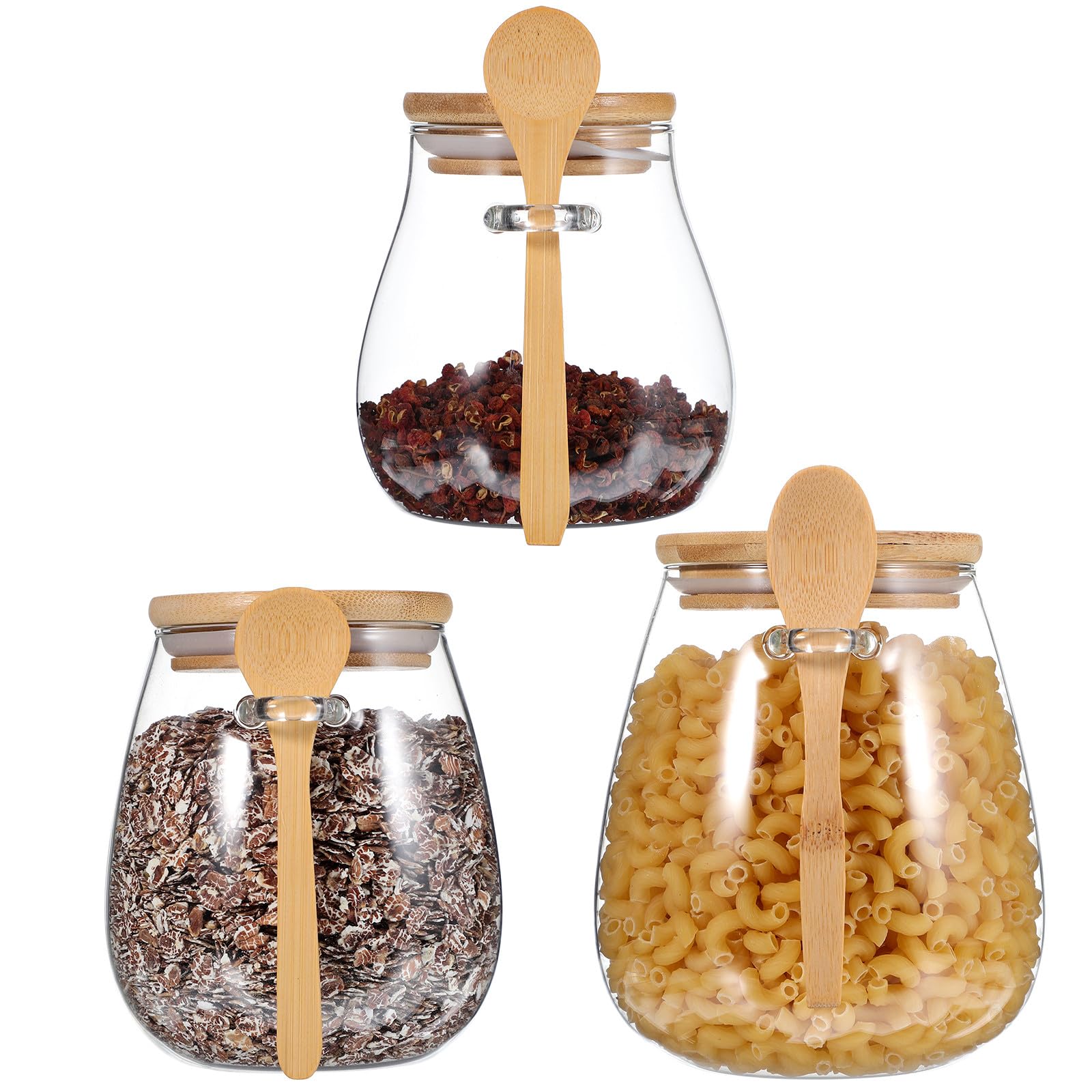 Lurrose Glas Vorratsgläser Elegante Frischhaltedosen 3 Stück mit Holzdeckel und Löffel mit Praktischem Design Transparente Aufbewahrung für Overnight Oats