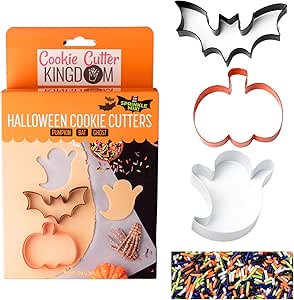 Cookie Cutter Kingdom, Halloween Cookie Cutters plus 2.5 ounces Sprinkles, Ghost, Pumpkin, Bat, Baking, Cake Decorarting, Mold for Cakes Biscuits and Sandwiches (Halloween 3 Pack)