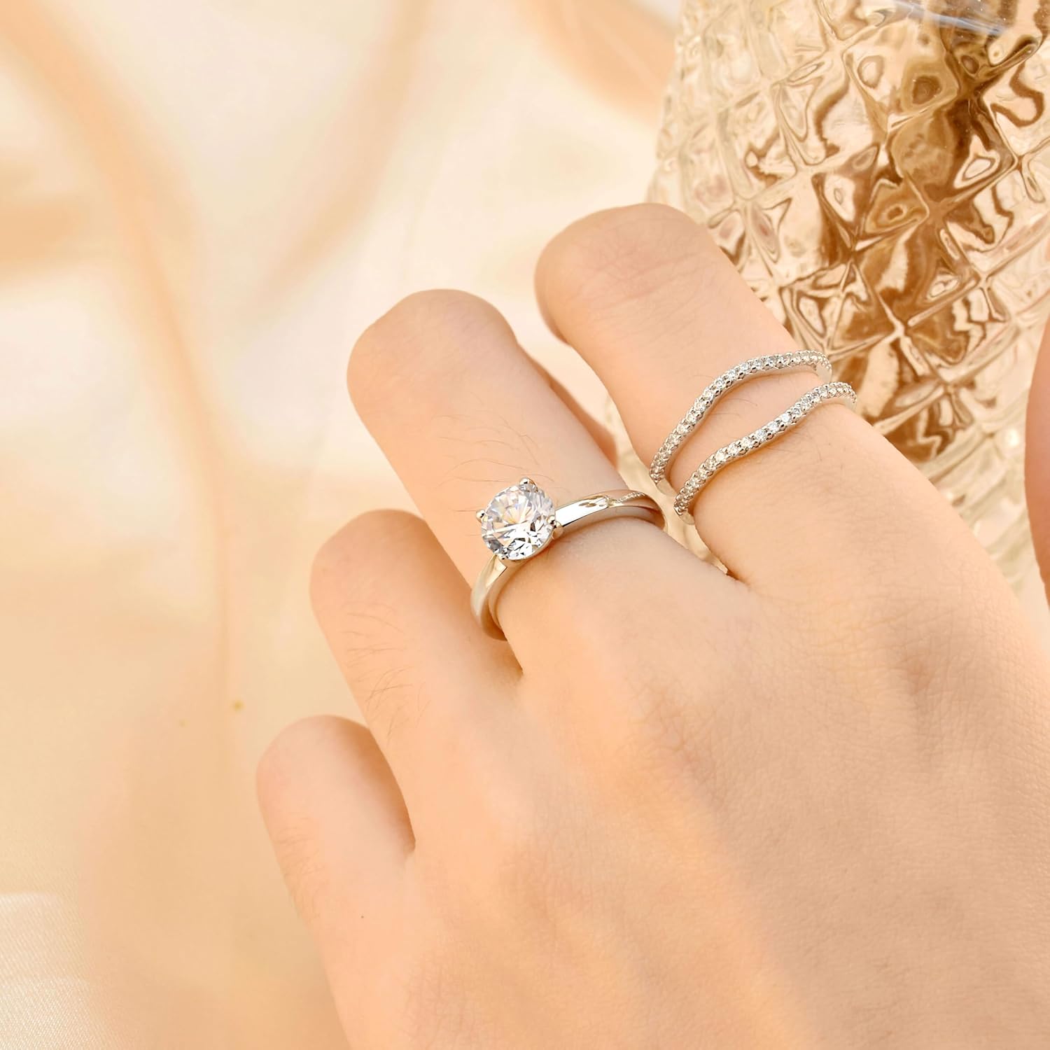 SHELOVES Solitaire Princess CZ Engagement Rings Set for Women Wedding Rings Enhancers band 925 Sterling Silver 4-13