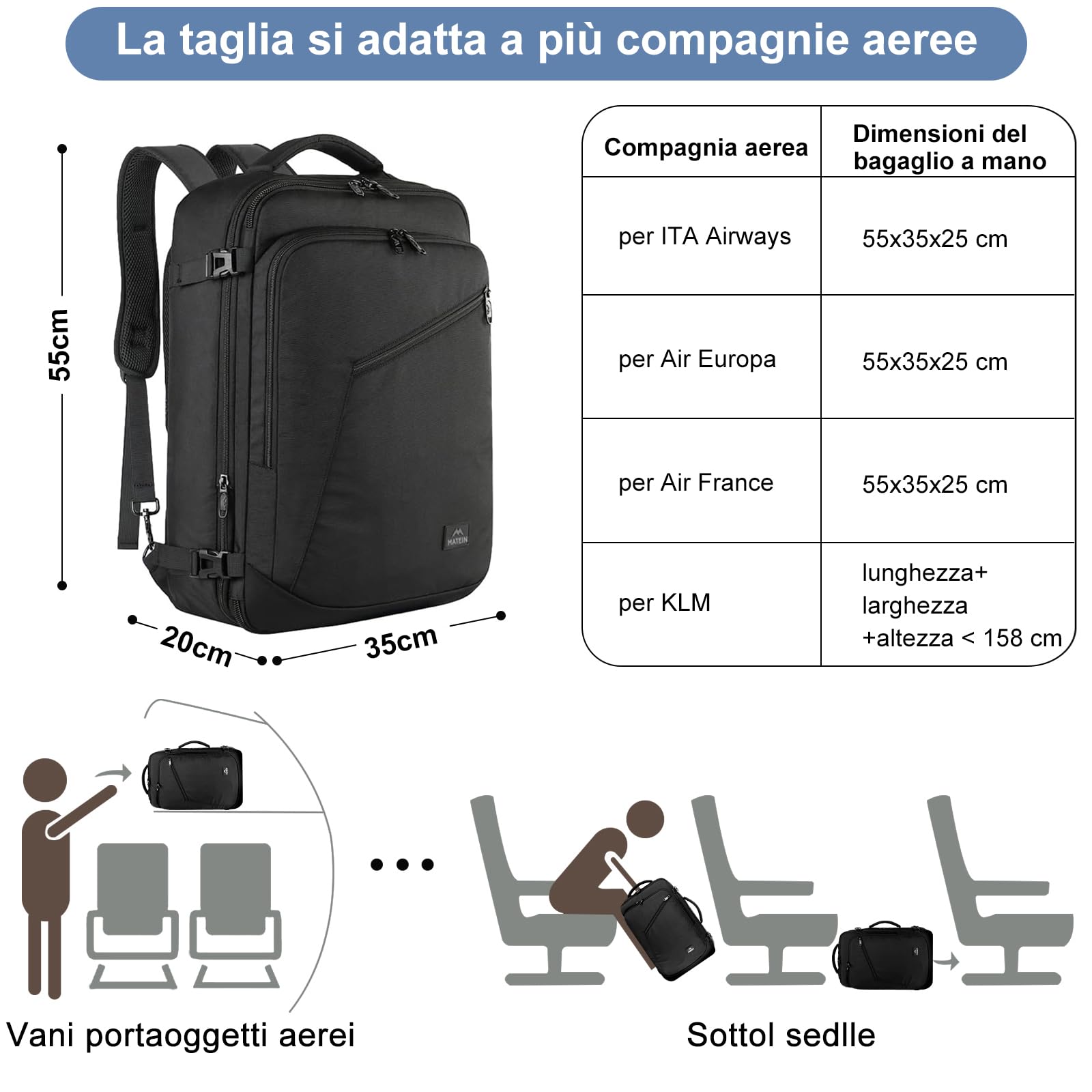 MATEIN Bagaglio a Mano Aereo 55x35x25 ITA Airways, Zaino da Viaggio 50L Borsa da Cabina Espandibile Travel Bag per Donna Uomo, Multitasche Leggero Zaini Casual per Air France, Air Europa, KLM, Nero