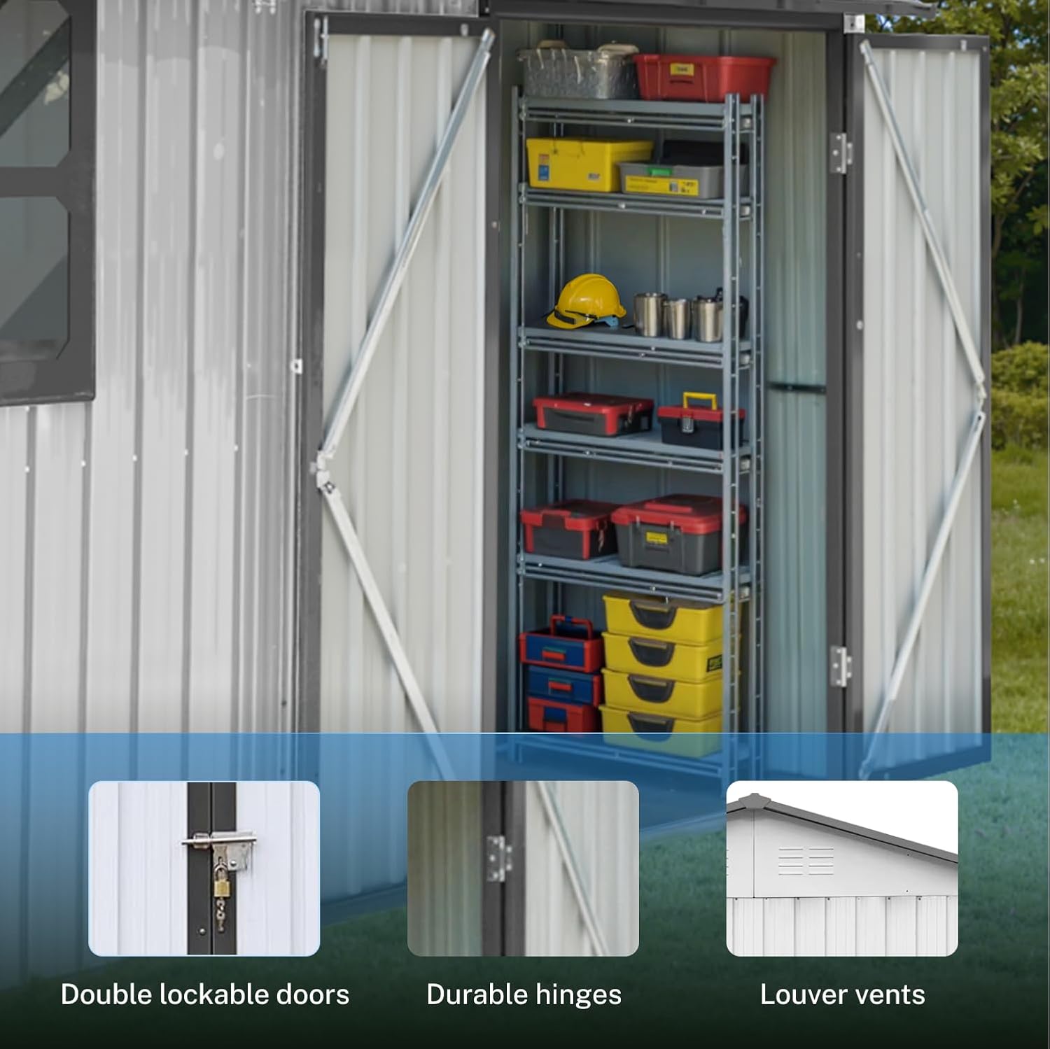 Shed exterior showing double doors, hinges, and louver vents