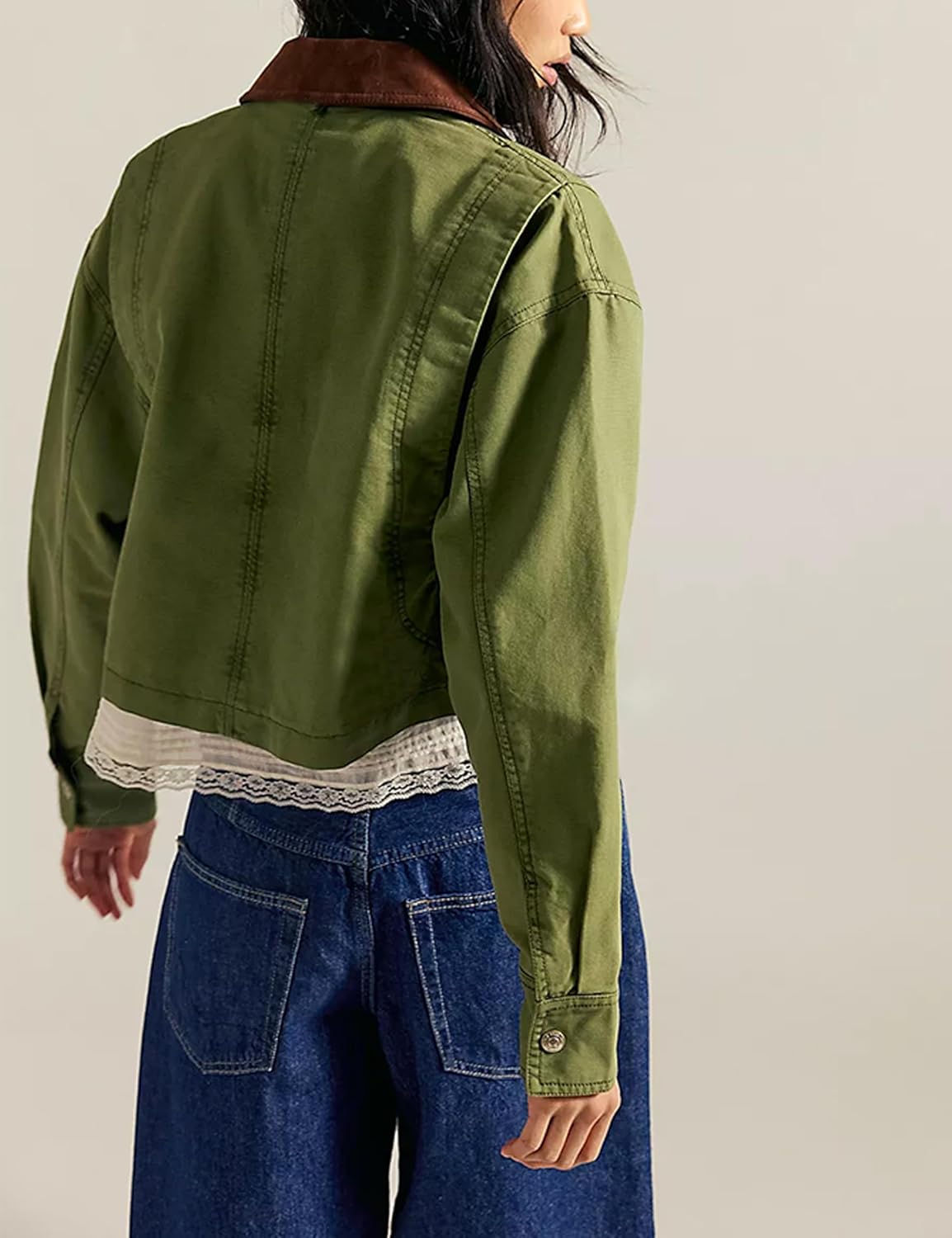 HangNiFang Cropped Barn Jacket for Women 2025 Contrast Collar Outwear Long Sleeve Cotton Short Cargo Jacket with Pockets - Image 2