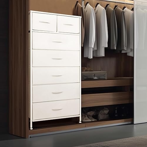 Miniatura 4 de Mifuro Cómoda alta para dormitorio, torre organizadora de almacenamiento vertical con 7 cajones, cómoda con cubos de tela, marco de acero, parte