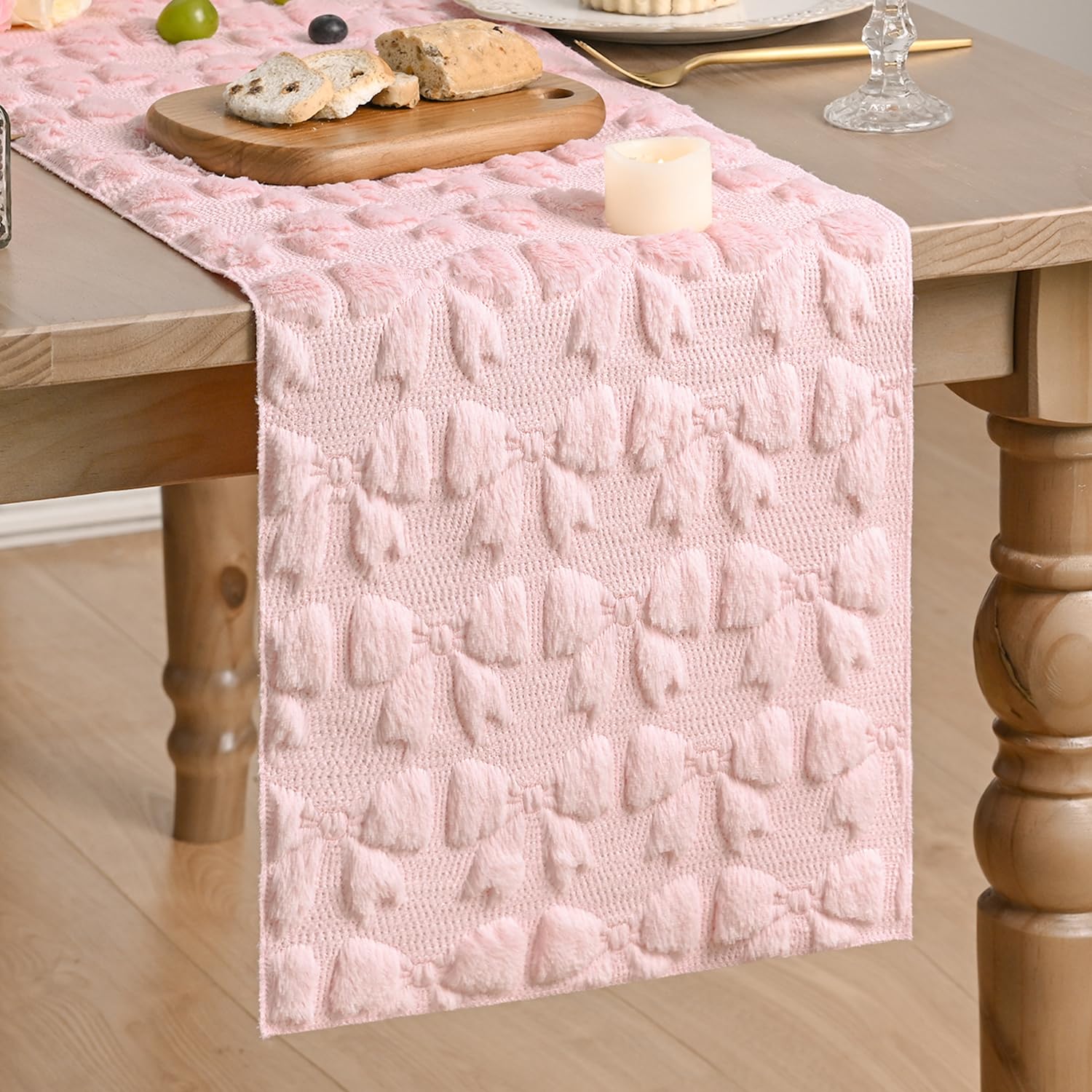 Artoid Mode Soft Plush Faux Fur Pink Bow Bowknot Valentine's Day Table Runner, Seasonal Kitchen Dining Table Decoration for Home Party Decor 33x183 cm