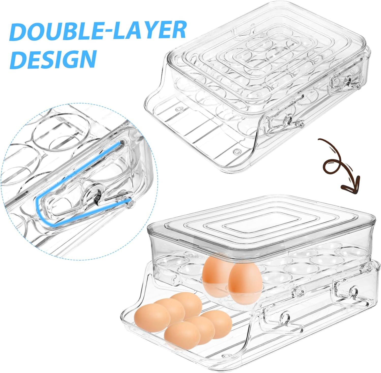 MAGICLULU 2-Layer PET Egg Box with Lid Stackable Rolling Egg Dispenser for Refrigerator Foldable Kitchen Organizer for Efficient Storage