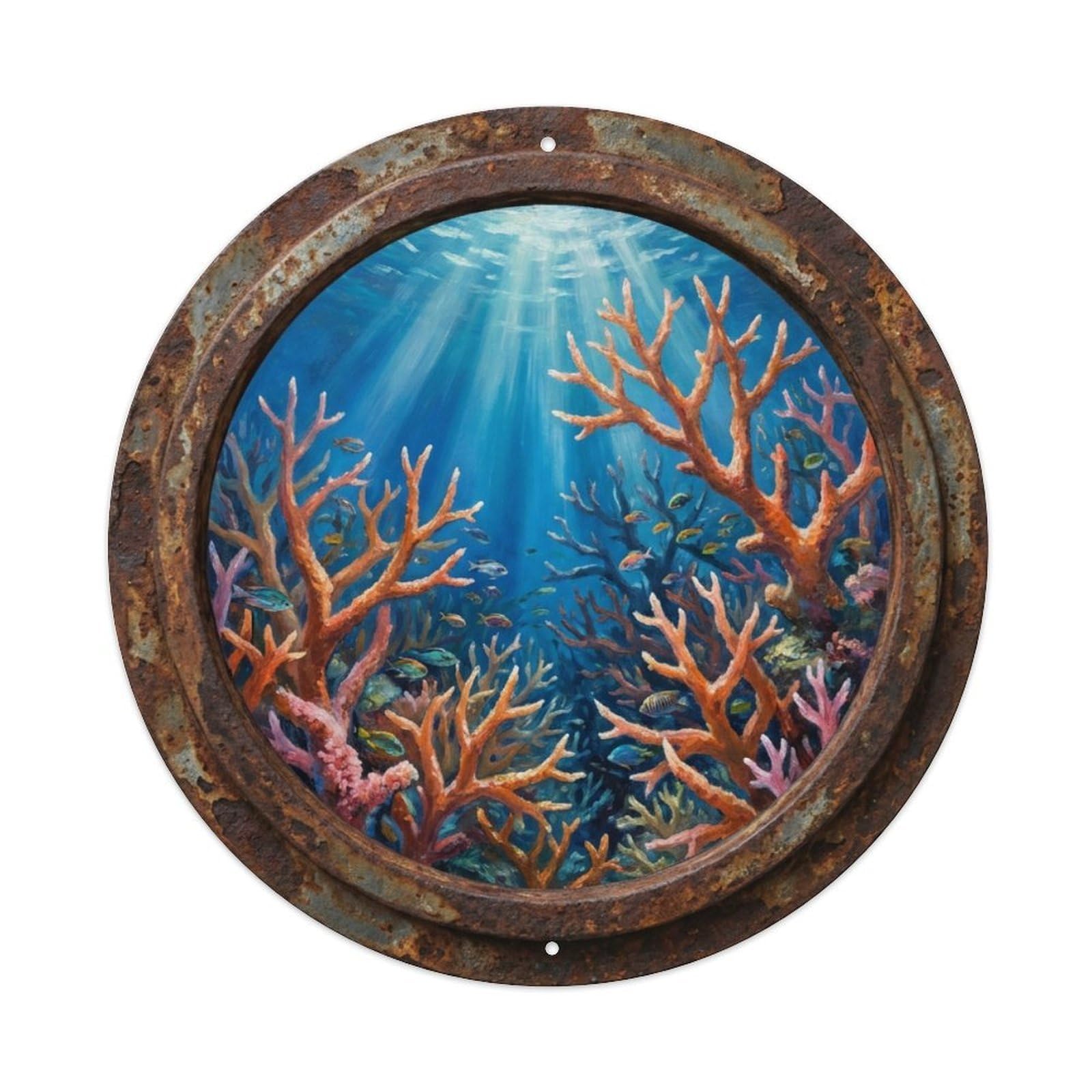 Vintage Porthole Staghorn Forest Ship Window Undersea Deep Metal Tin Sign