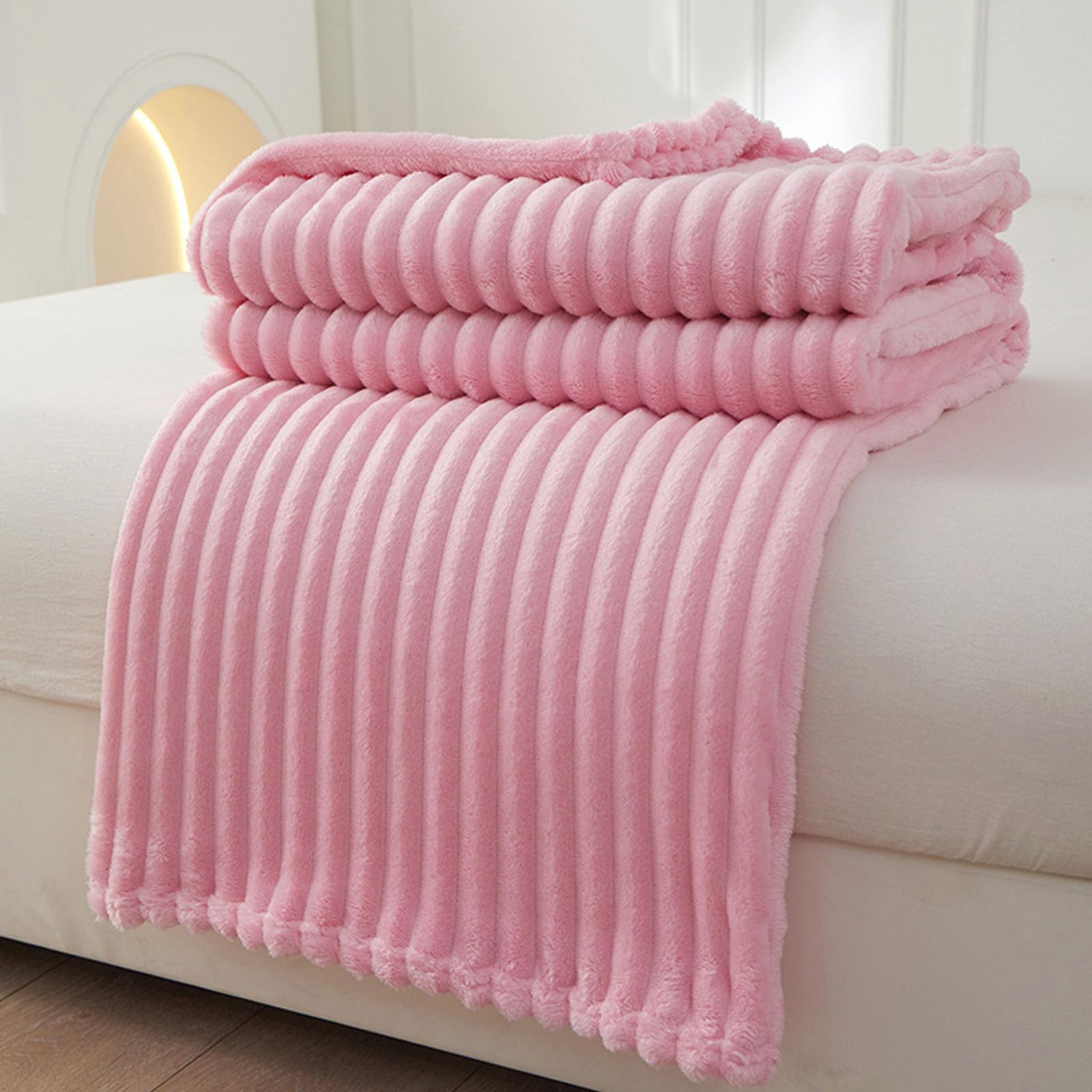 DOTBUY-SHOP Flannel Blanket Soft Throw Blanket, Striped Solid Color Blankets and Throws, Warm Flannel Throw fit all Season, Flannel Blankets for Sofas, Bed, Travel (120x200cm,Pink)