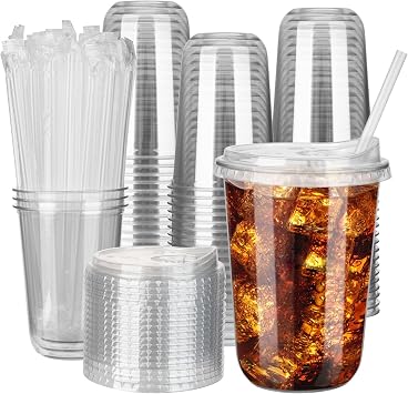100 Sets Clear Plastic Cups with Lids and Straws, 20 oz Disposable PET Cups for Iced Coffee, Smoothies, Cold Drinks, Juice, Party, Coffee 100, Clear 20 oz