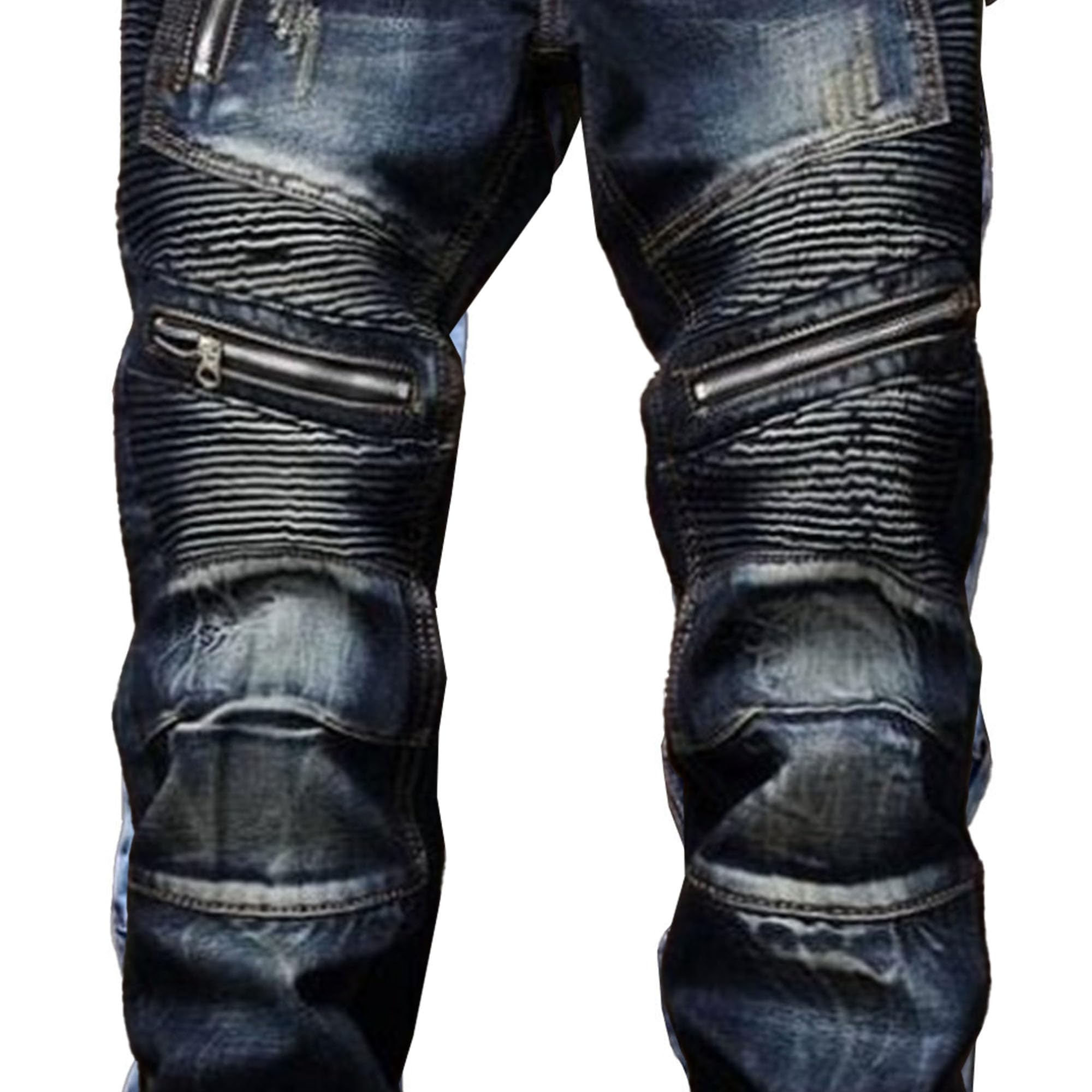 Jeans da motociclista da uomo, con cerniera, effetto lavato, vestibilità dritta, slim fit, jeans classici slim fit, jeans moto lavato