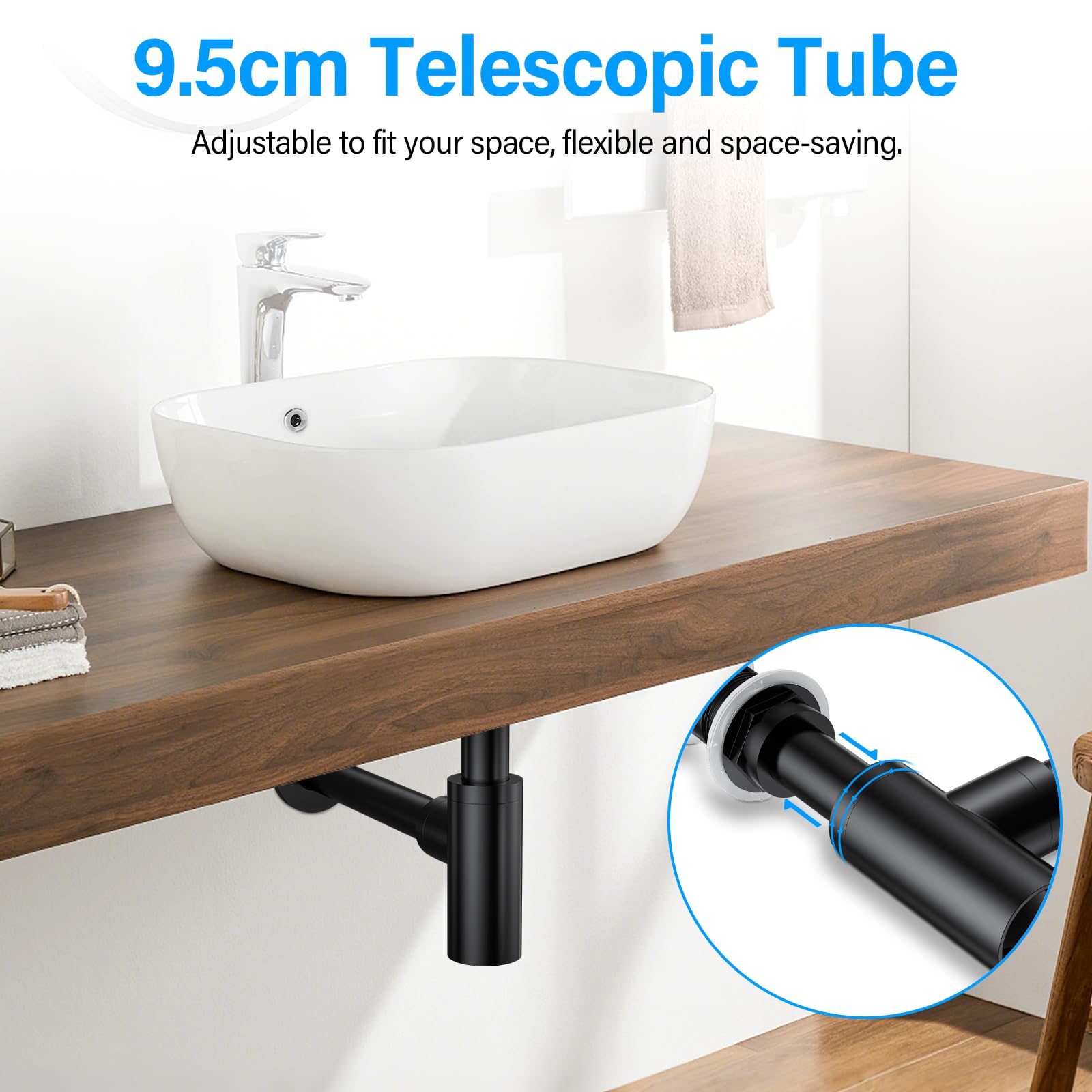 Siphon Noir Rétro avec Bonde Trop-plein, 1 1/4 Laiton Universel Design Siphon Anti-Odeur, Kit de Siphon de Vidange， pour évier de cuisine et salle de bain