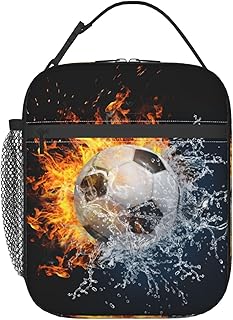 Insulated Durable Football Lunch Box with Shoulder Strap, Kids Adult Fire And Water Soccer School Lunch Bag, Lunch Tote Box Bag for Office School Picnic Beach Travel