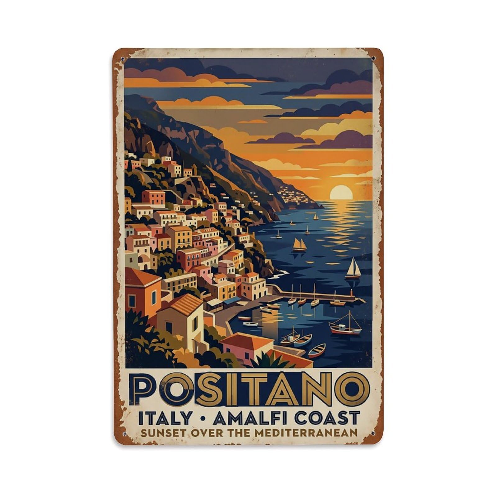 Huiyhb 8X12inch(20X30cm) Vintage Travel Positano Italy Amalfi Cliffside Sunset Metal Tin Sign