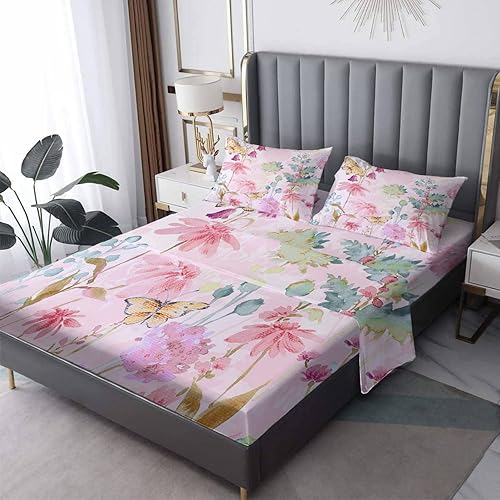 Juego de sábanas California King Sábanas de cama florales microfibra suave bolsillo profundo y sin arrugas patrón de flores y mariposas 1 sábana