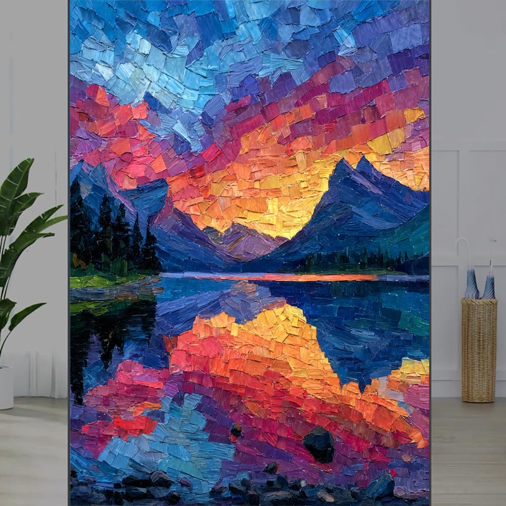 FOCCAFB Fantasy Landscape Stained Glass Window Film, Colorful Mountain Sunset Lake Peel and Stick Privacy Film, Frosted Adhesive Vinyl Decorative for Bathroom Windows Glass Doors, （80x120cm）