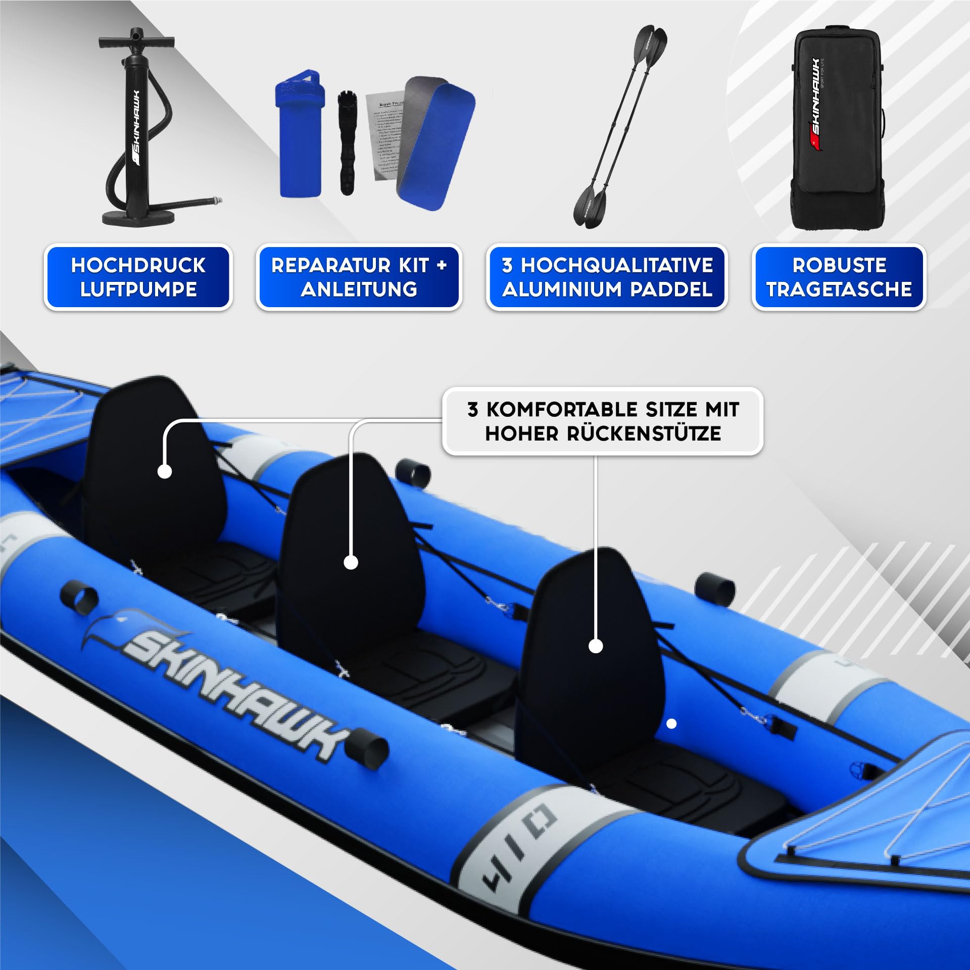 SKINHAWK Kayak Classic 410 Bleu Canoë Bateau gonflable 3 places Pompe Sac 410 x 95 cm