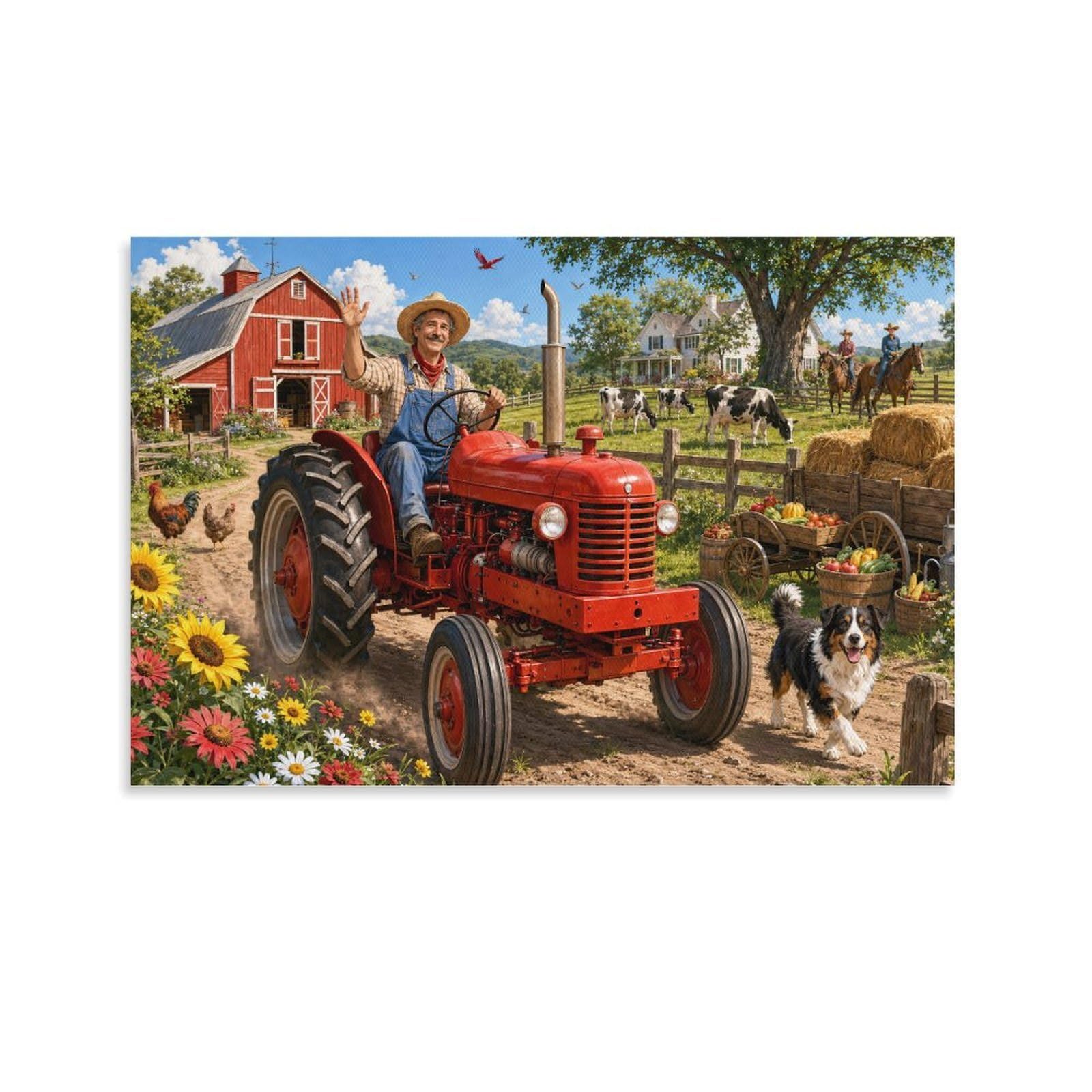ASDFGHJKLZA Red Tractor Farm Harvest Canvas Prints Modern Aesthetic Decor HD Wall Art Poster for Bedroom, Living Room, Home, Dining Room Decorations, Gift 24x36inch(60x90cm)