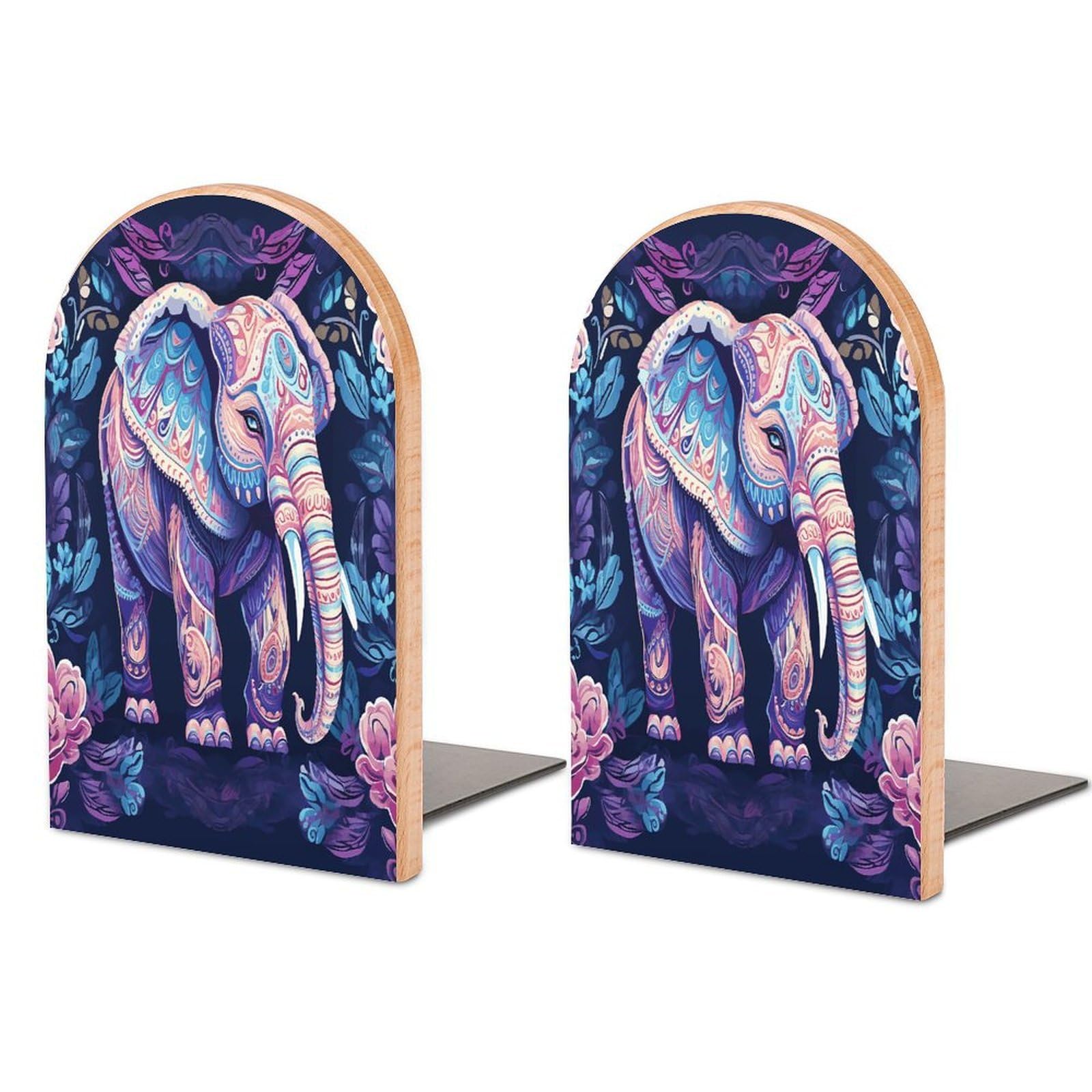 Purple Elephant Bookend Wood Book End for Shelves Heavy Duty Non-Slip Wooden Bookend Support Universal Economy Bookends Fancy Modern Decorative Book Accessories 1 Pairs