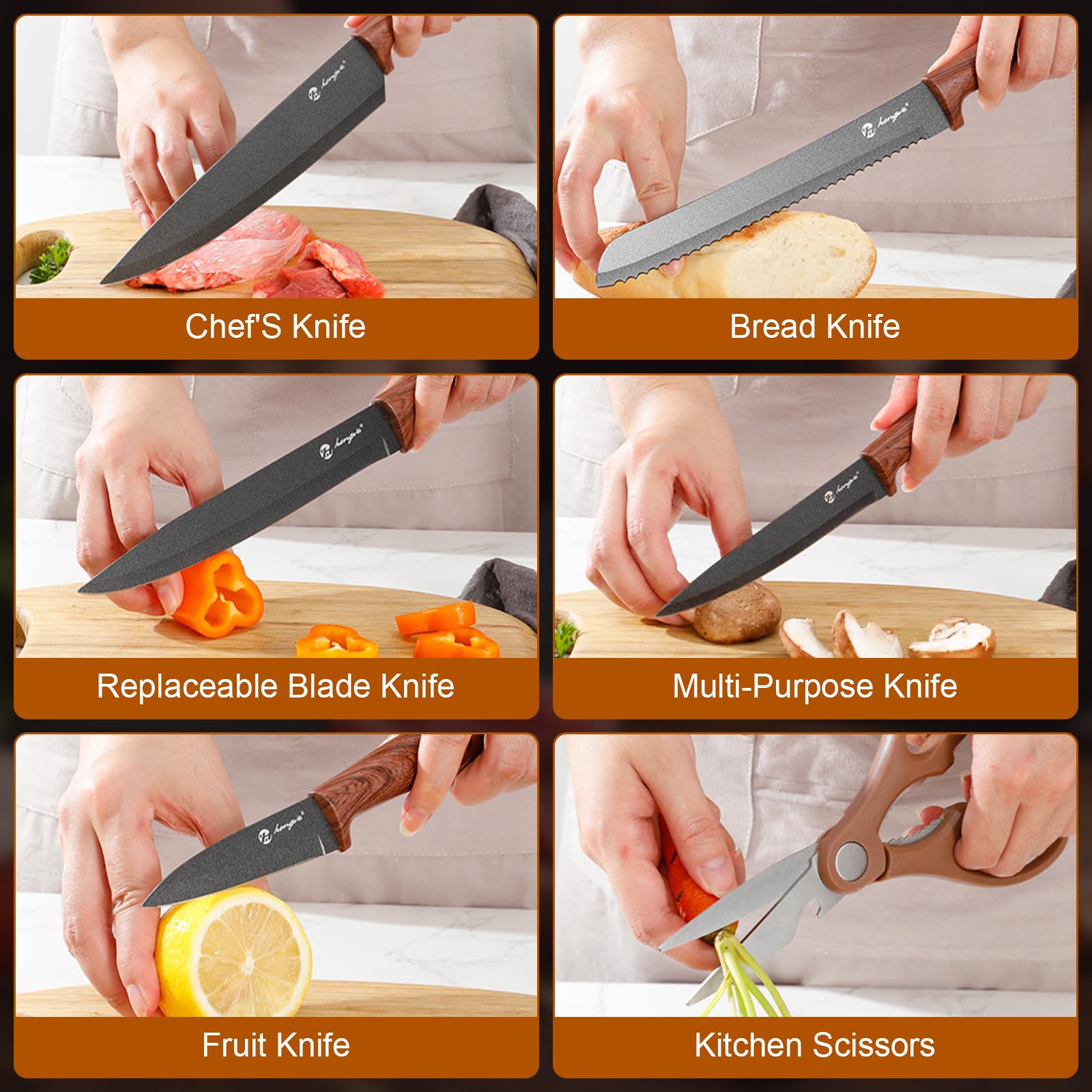 Set Cuchillos Cocina Profesional Juego de 7 Piezas con Soporte de Madera - Acero Inoxidable Alemán 58HRC | Mangos Ergonómicos Antideslizantes | Para Chef y Uso Doméstico