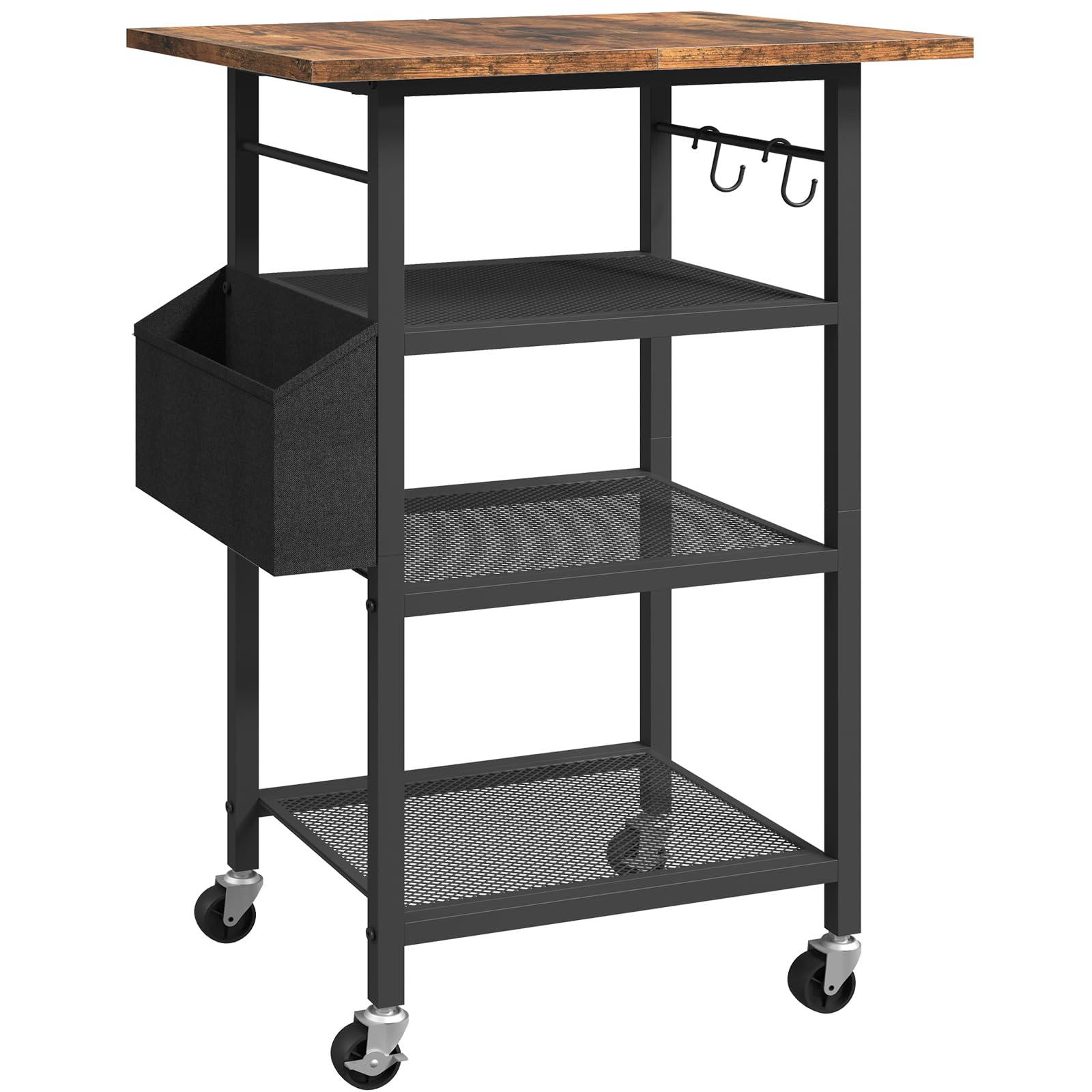 MAHANCRIS Support d’Imprimante à 4 Niveaux avec roulettes, Étagère de Rangement de Style Industriel, avec Pochette, Plateau en Bois, 2 Crochets, pour Bureau, Marron Rustique et Noir APTHR2601