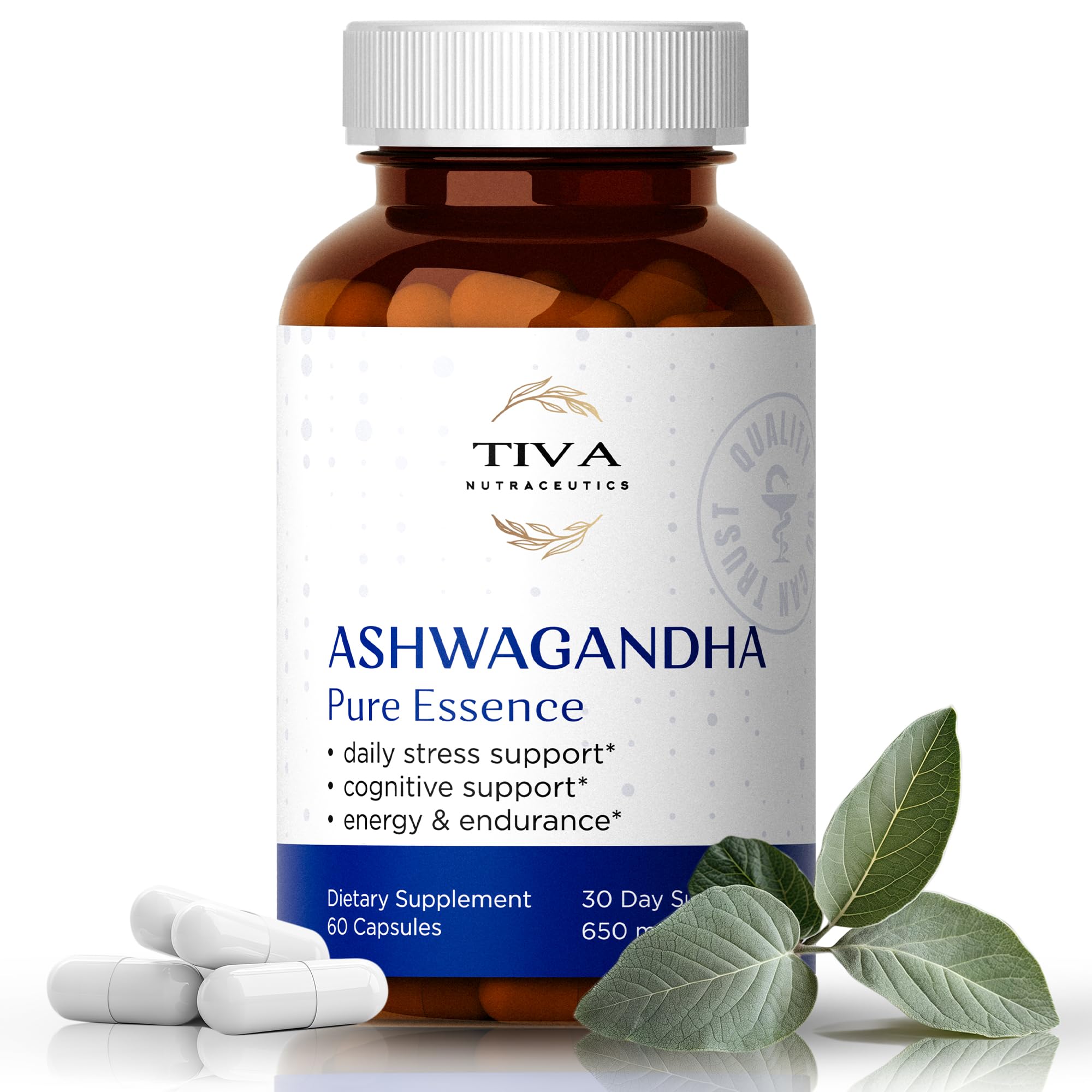 TIVA Ashwagandha Capsules 650mg with Black Pepper Extract – Natural Support for Stress, Metabolism, Immune Function & Mood – Vegan, Non-GMO, Lab-Tested – 60 Herbal Capsules