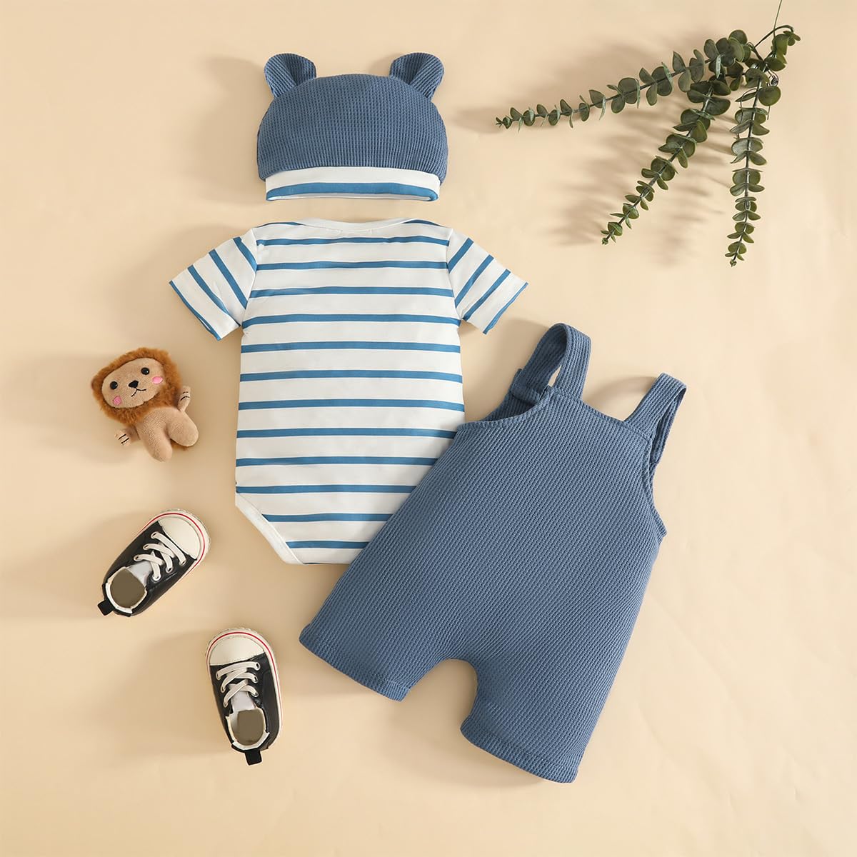 Baby Jungen Overall Set Kleidung Kurzarm Gestreiftes Oberteil + Süßer Tierdruck Hosenträger + Mütze 3Pcs Sommer Outfit 0-18 Monate