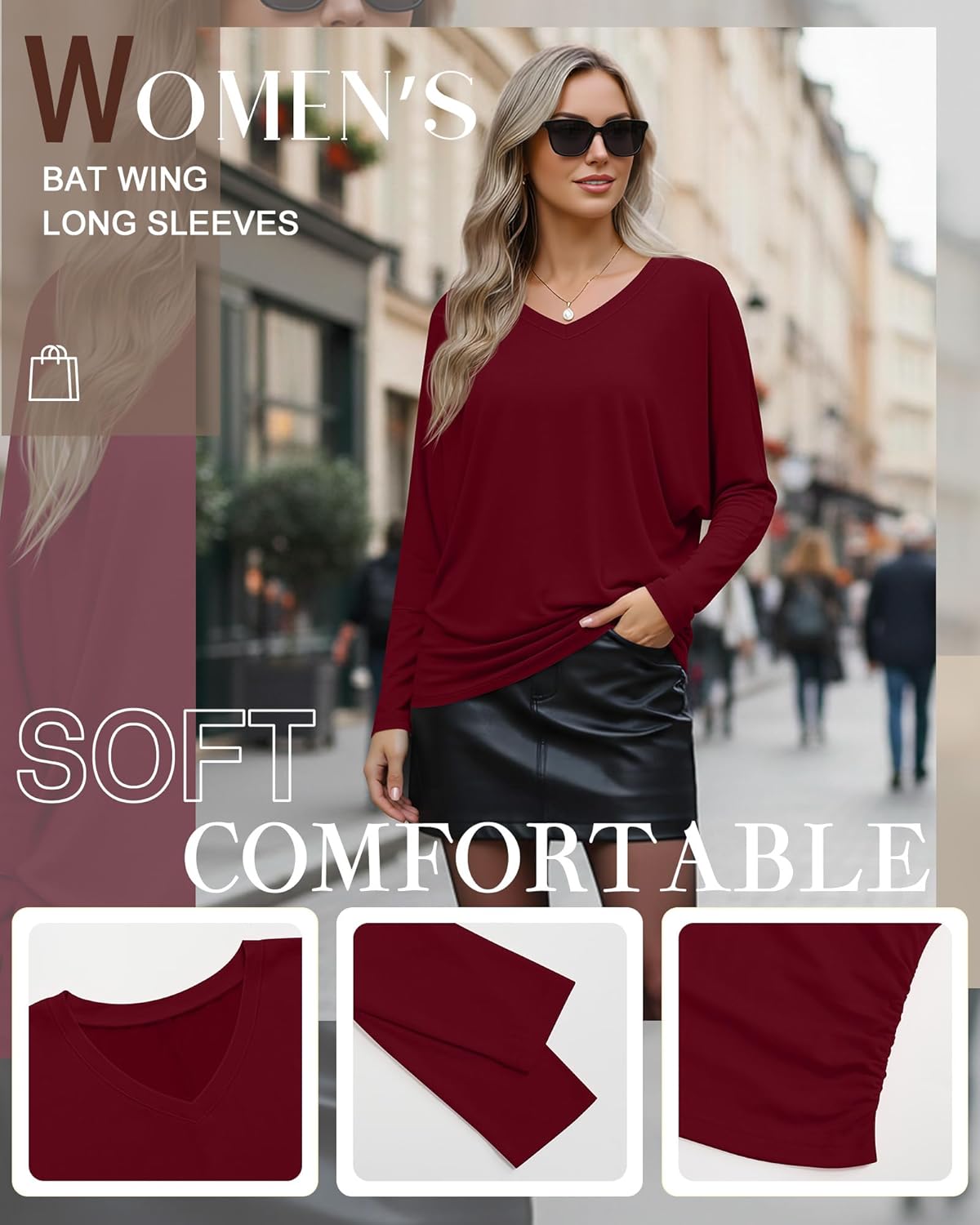 3 Pack Women's Dolman Long Sleeve Tops Casual Flowy Draped Side Ruched Shirts V Neck Lightweight Bat Wing Basic Tee - Image 5