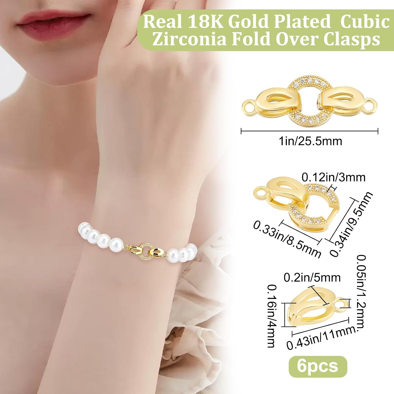 Beebeecraft 1 Box 6Pcs 18K Gold Plated Fold Over Clasps Cubic Zirconia Oval Shaped Extender Clasp Closure End Caps for Bracelet Necklace Jewelry