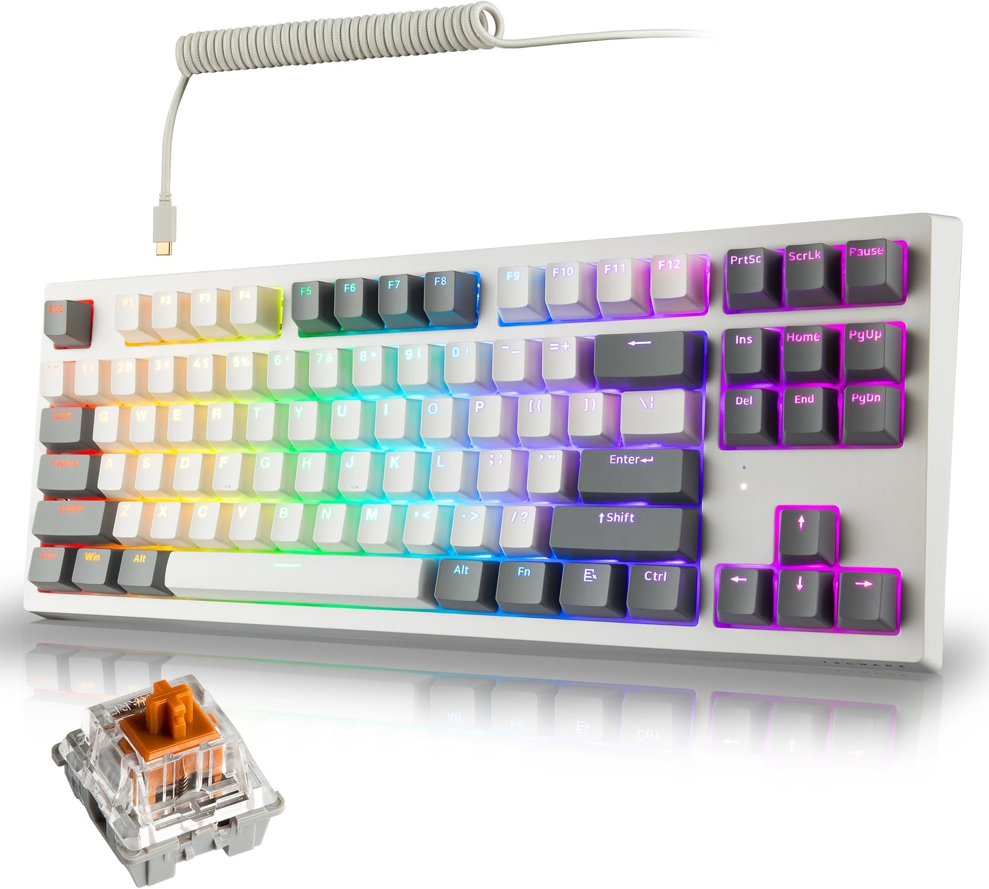 TECWARE ELITE Phantom+ 87-Key RGB Wireless / BT5.0 Mechanical Keyboard (White) Wraith Brown Switch (Prelubed, 50g Tactile) Per Key Color and Lighting, TWKB-PE87PZT-WHWBR
