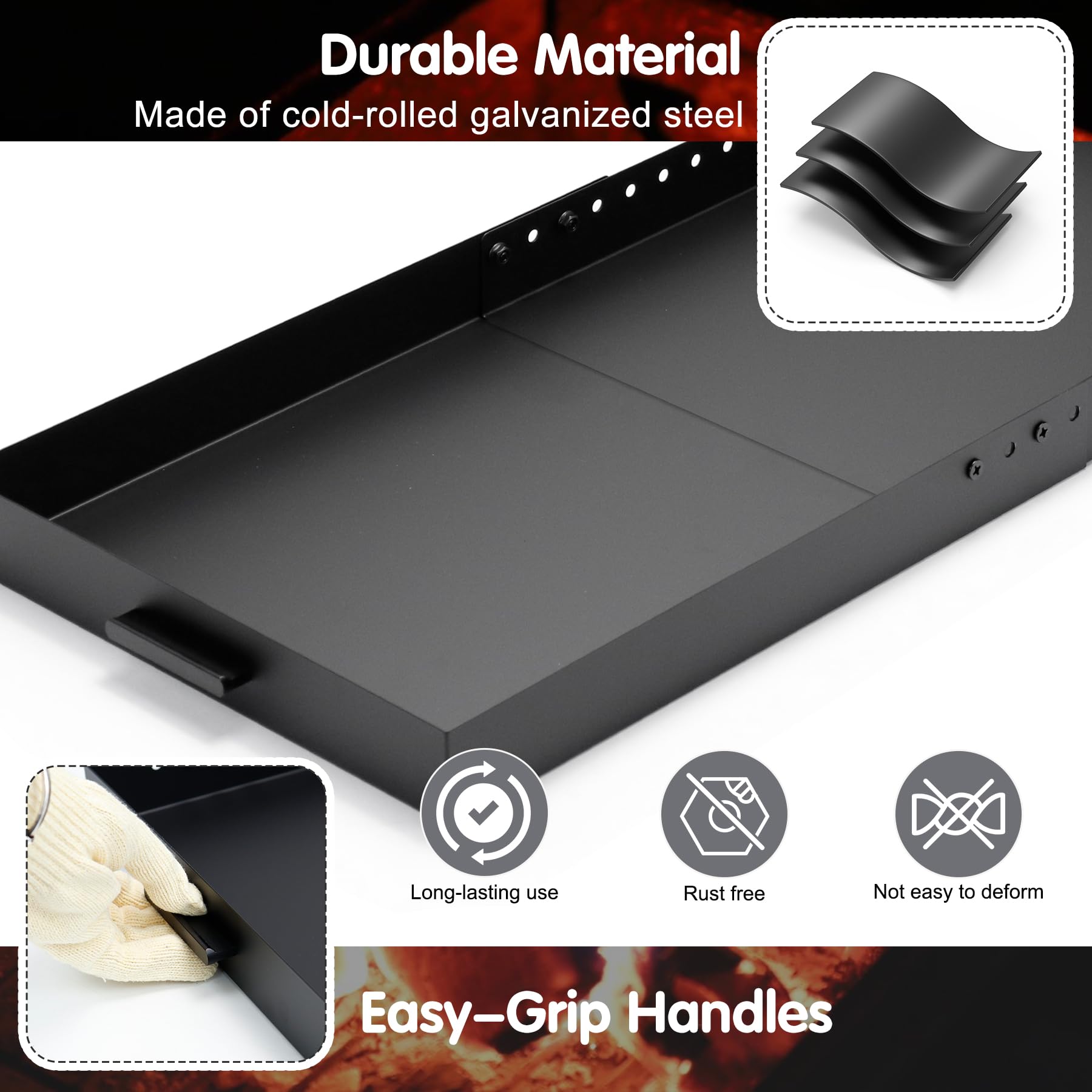 Air Jade Fireplace Tray, Galvanized Steel Ash Pan with Handles for Collecting Ash, Adjustable Up to 31.5" x 13" Ember Holder Fireplace Pan, Black, Rectangle