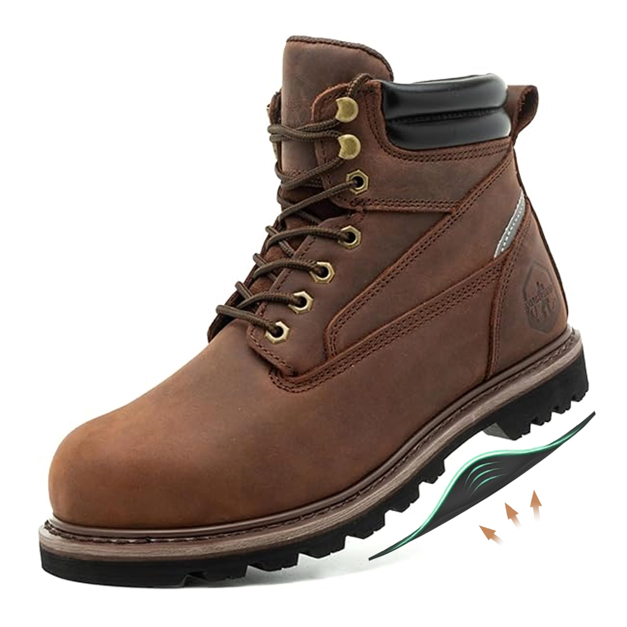 Arch Support Steel Toe Men's Work Boots for Flat Feet 6" Non Slip Comfort Leather Safety…