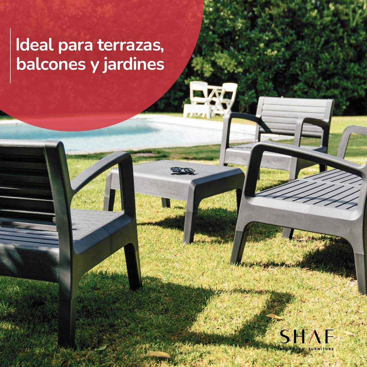 Shaf SP Berner - Set de Muebles de Jardín y Terraza Miami Color Grafito - Sofá 2 Plazas, 2 Sillones y Mesa de Centro - Fabricado en España con Plástico Reciclado