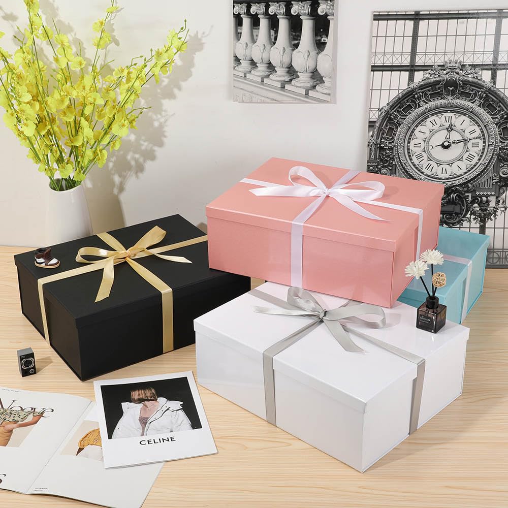 Grande scatola regalo nera con coperchio 42 x 32 x 15,5 cm, scatole regalo premium con coperchio e nastro per regali di San Valentino, Natale incluso carta velina schiacciata Biglietti busta
