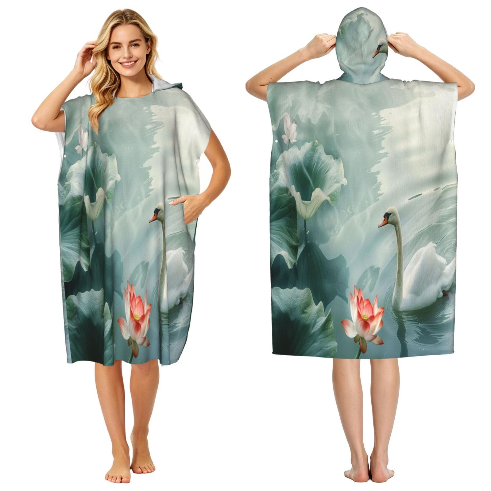 KLGRTJHK Goose In The Lake Adult Hooded Beach Poncho Towel 43"X35"