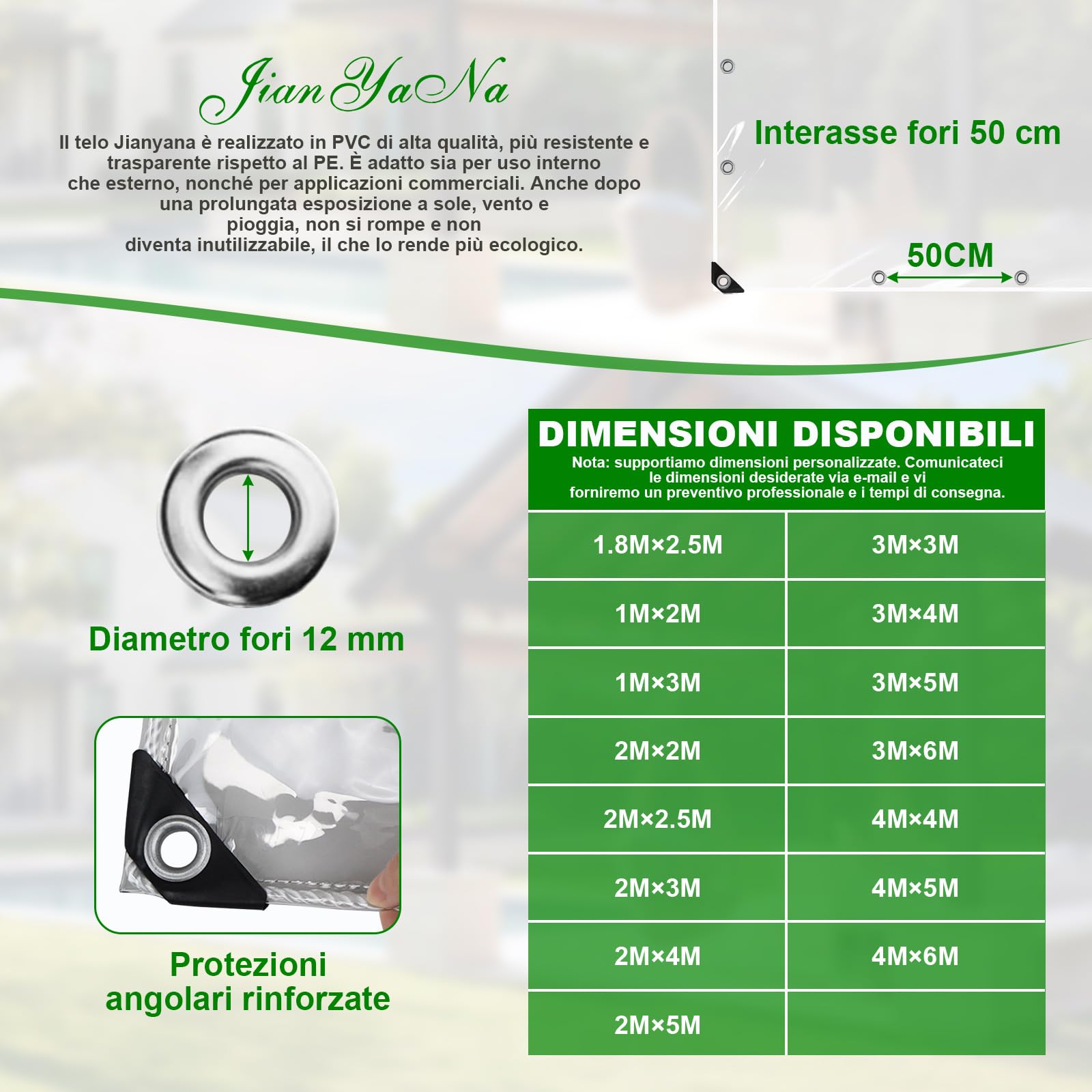 Jianyana PVC 250 G/M Telo Impermeabile Esterno, 3 × 5 m Telone Impermeabile Per Esterno Telone Trasparente Occhiellato Teloni Impermeabili Occhiellati Con Corda Da 10 M, Fascetta