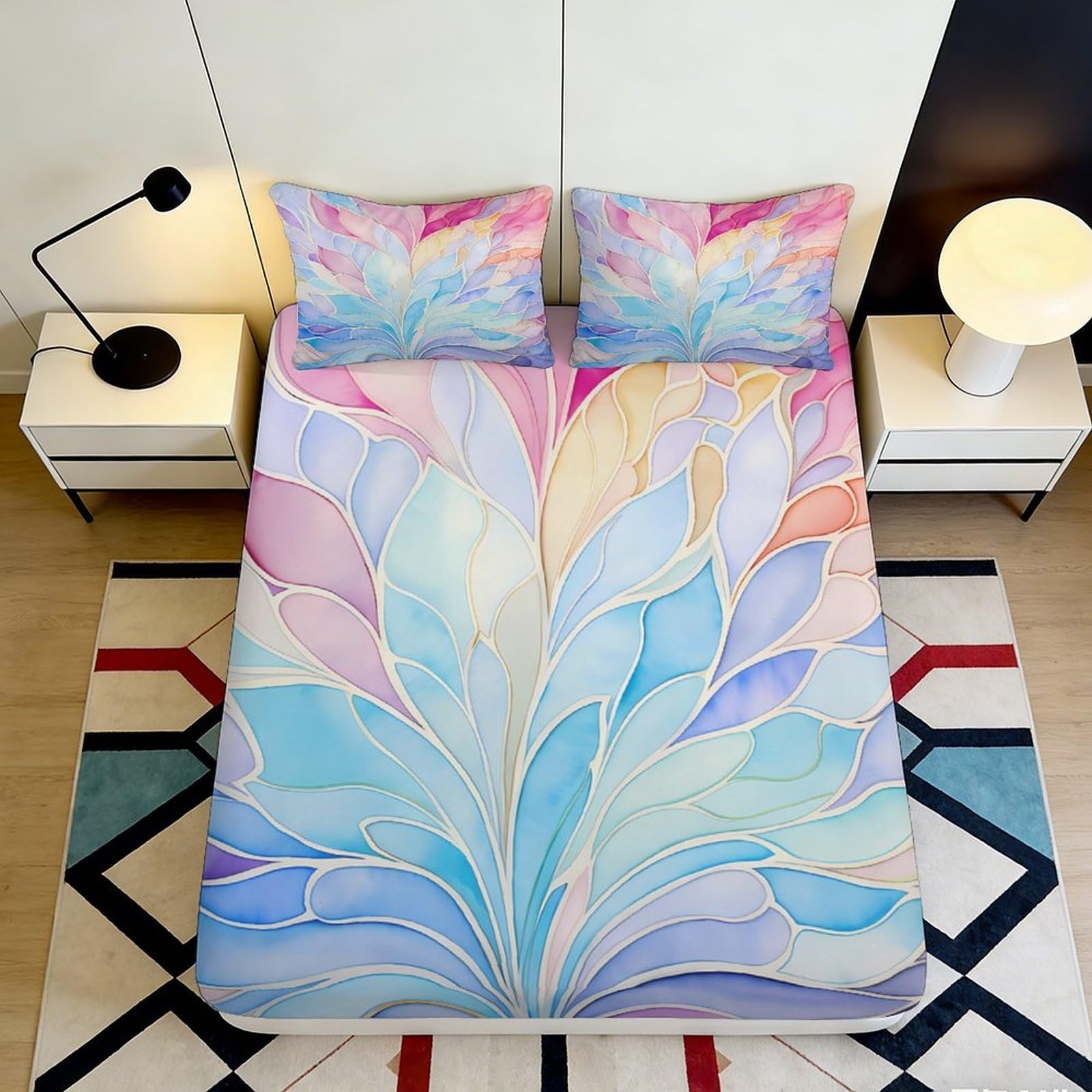 3D Printed Watercolor Leaf Fitted Sheet Microfiber Soft Pastel Feather Mattress Cover for Bedroom Guestroom Decor 140x200x25cm