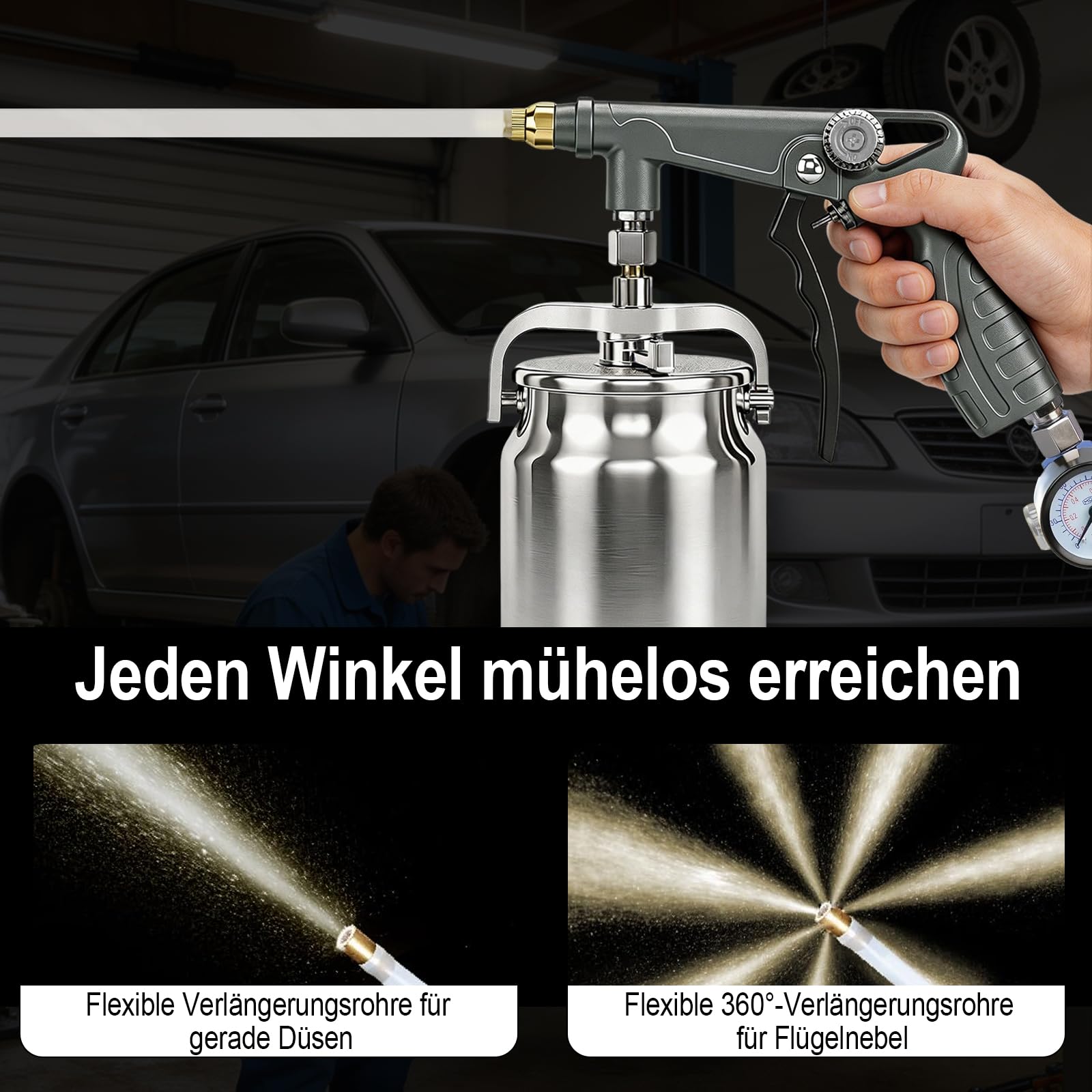 Unterbodenschutz-Spritzpistole mit Saugnapf 360° geradem Spritzschlauch 1000ml Aluminiumbecher Druckbecherpistole