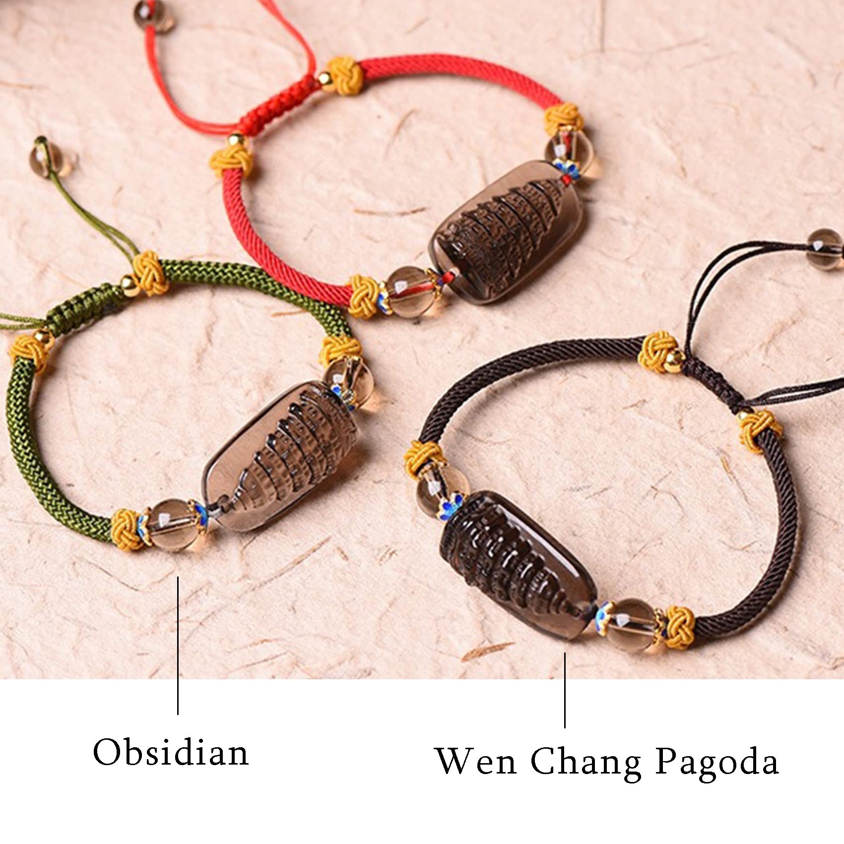 Feng Shui Obsidiana Natural Wen Chang Pagada Amuleto de Buena Suerte Pulsera Budista Hecha a Mano Cristal de Cuarzo Chakra para Mujeres y Hombres, 12 mm