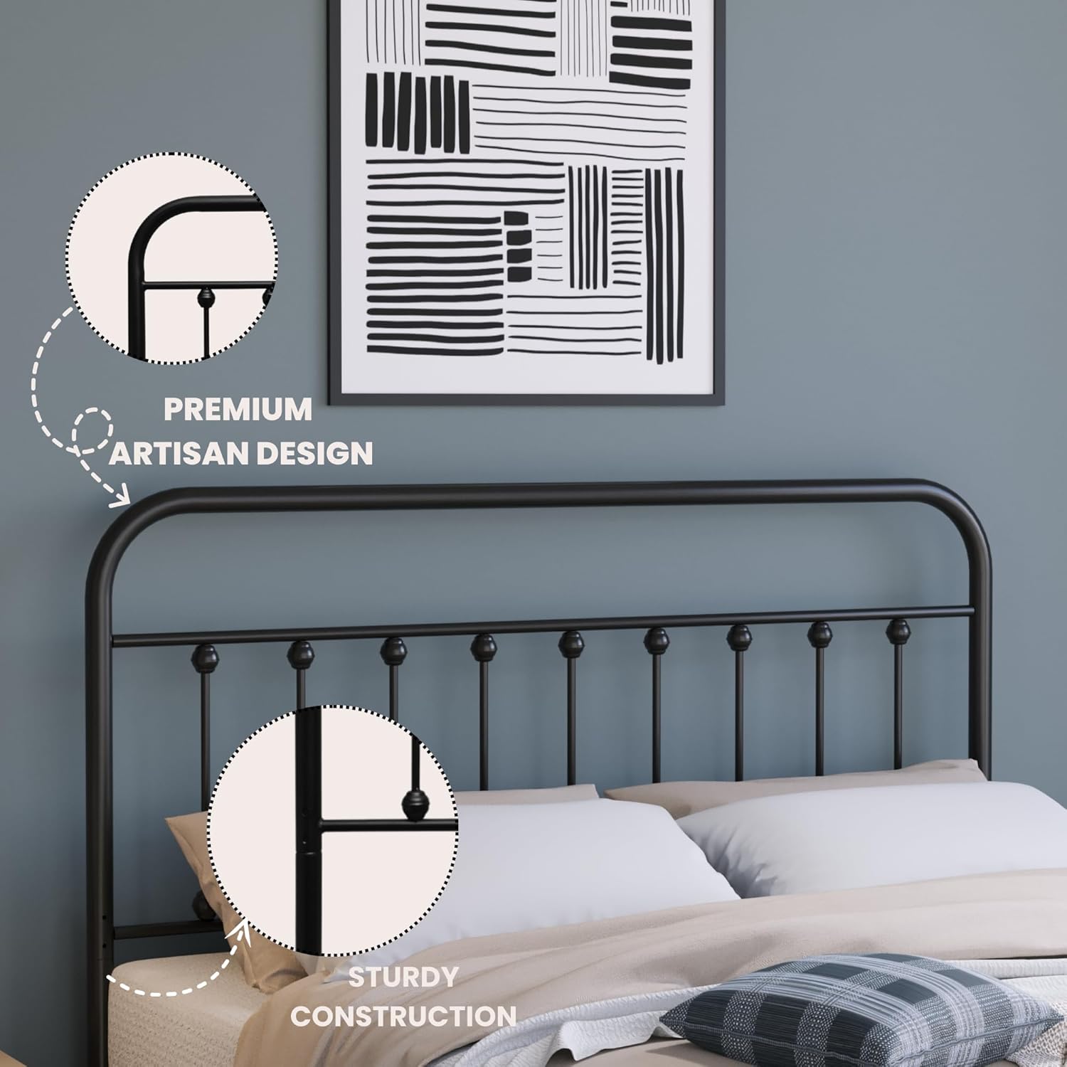Vintage Metal Headboards, Adjustable Height Iron Frame, Farmhouse Rustic Style, Elegant and Durable Design, Easy Assembly, Universal Fit for Kids & Adults, Full Size, Black Finish