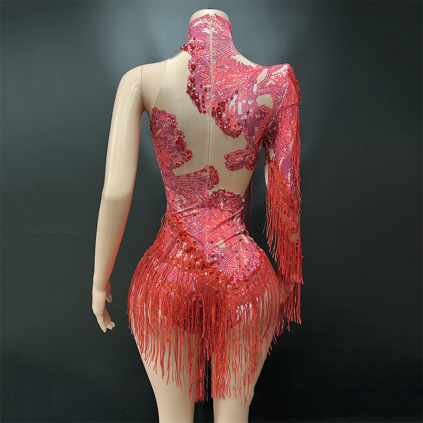 Body elástico para danza del vientre, diseño de un solo brazo con adornos de flecos fluidos para espectáculos dinámicos de una sola manga