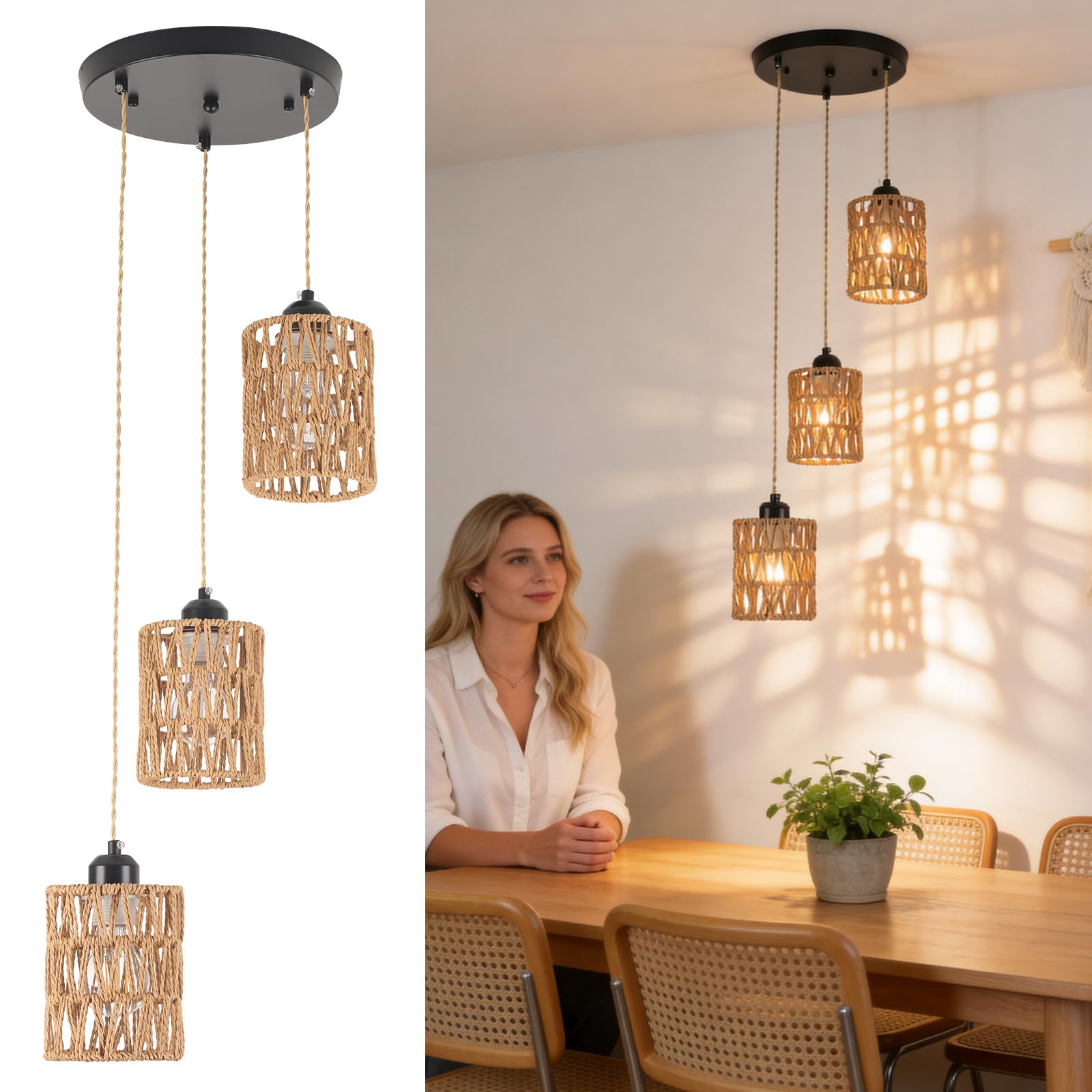 Finktonglan 3 Light Rattan Pendant Light, Boho Farmhouse Cluster Ceiling Light, Each Cord Adjustable up to 1.4m, E27/ES Woven Rope Shades for Kitchen Island Dining Table, Sloped Ceiling Compatible